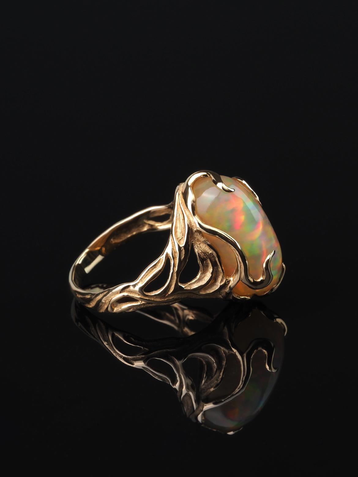 Artisan Ethiopian Opal Yellow Gold Ring Natural Neon Rainbow engagement ring For Sale