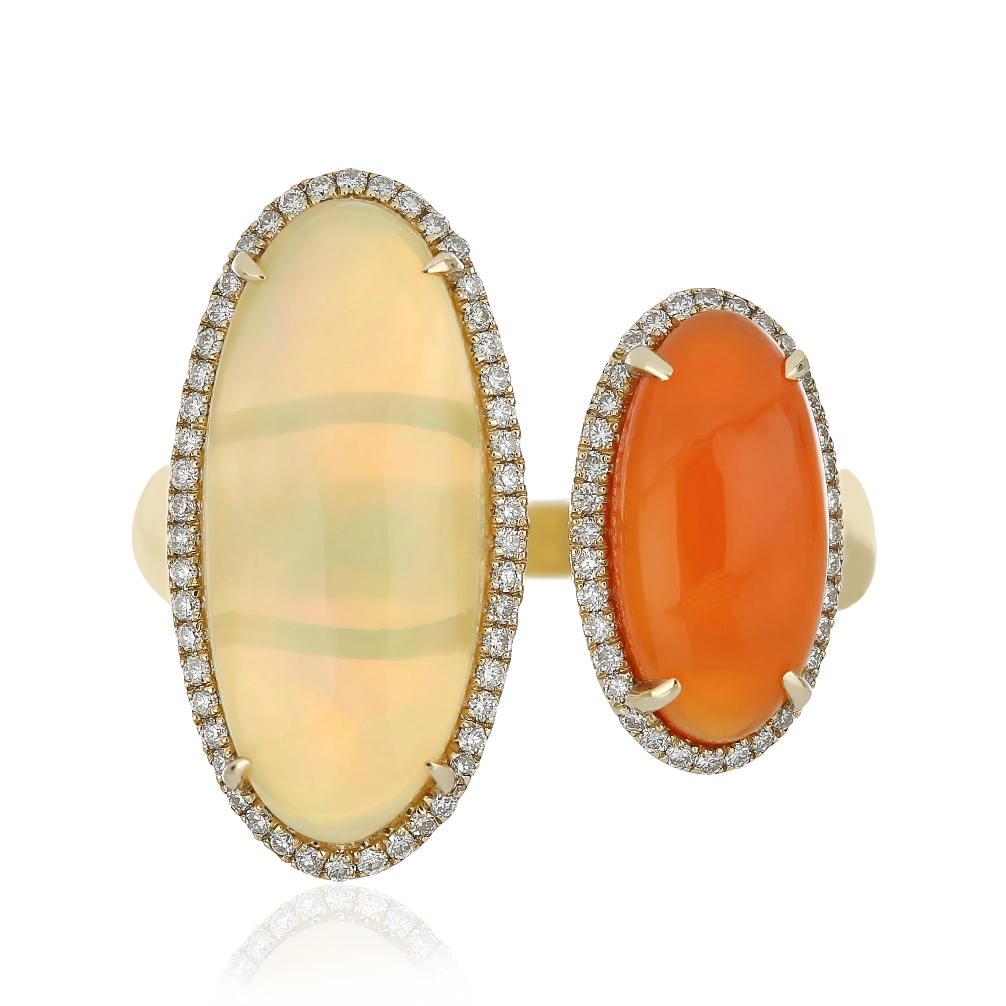 For Sale:  Ethiopian Opal, Carnelian and Diamond Ring 14 Karat Yellow Gold handcraft Ring 2