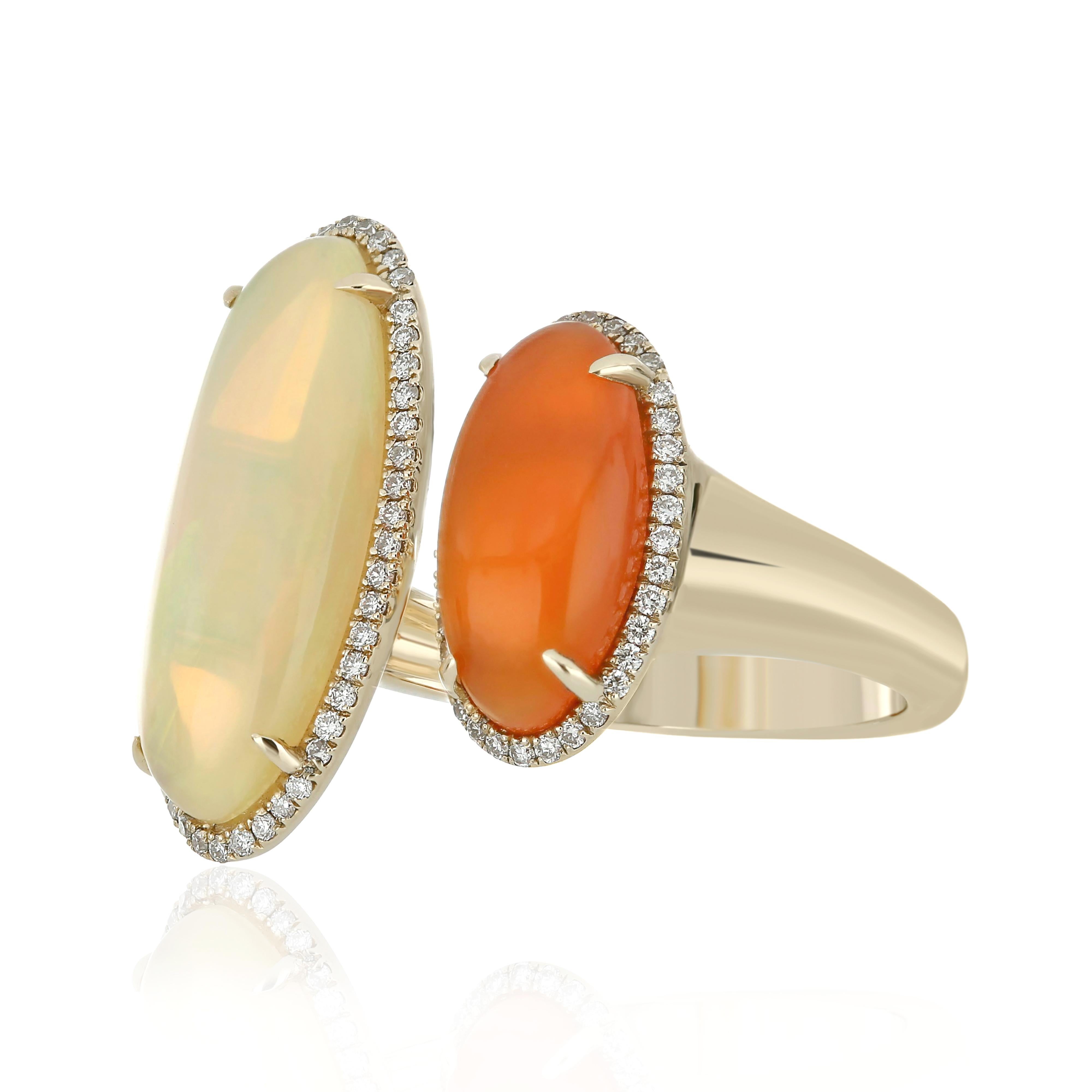 En vente :  Bague en opale éthiopienne, cornaline et diamant Bague artisanale en or jaune 14 carats 3