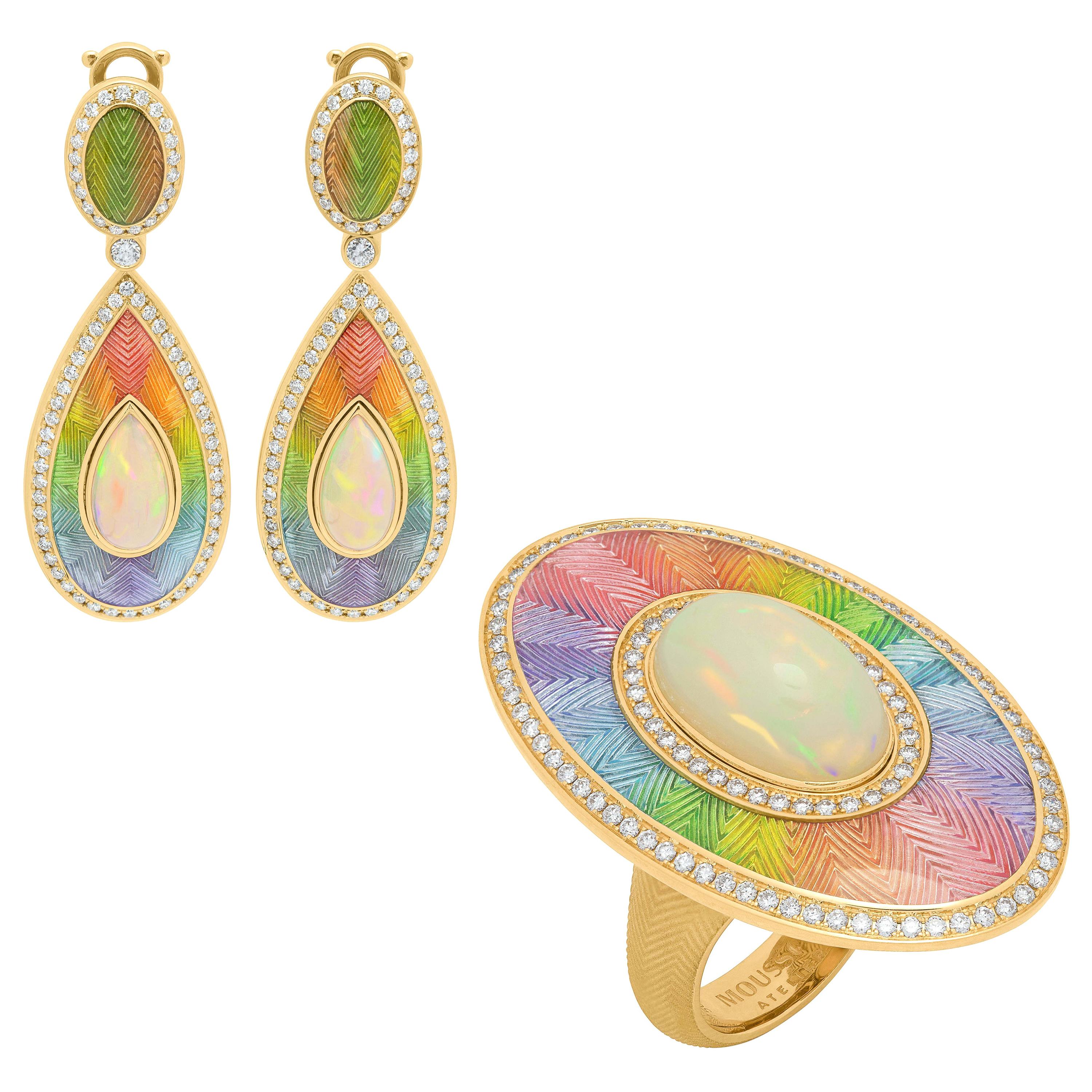 Ethiopian Opals Diamonds 18 Karat Yellow Gold Enamel Suite