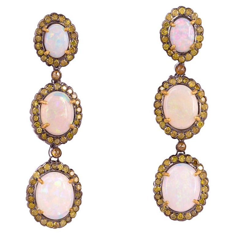 Genuine Ethiopian Opal Lab Grown Diamond Silver Dangle Earrings main image 1