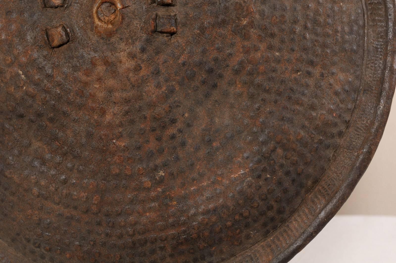 Ethiopian Round Leather Tribal Shield on Custom Iron Stand In Good Condition In Atlanta, GA