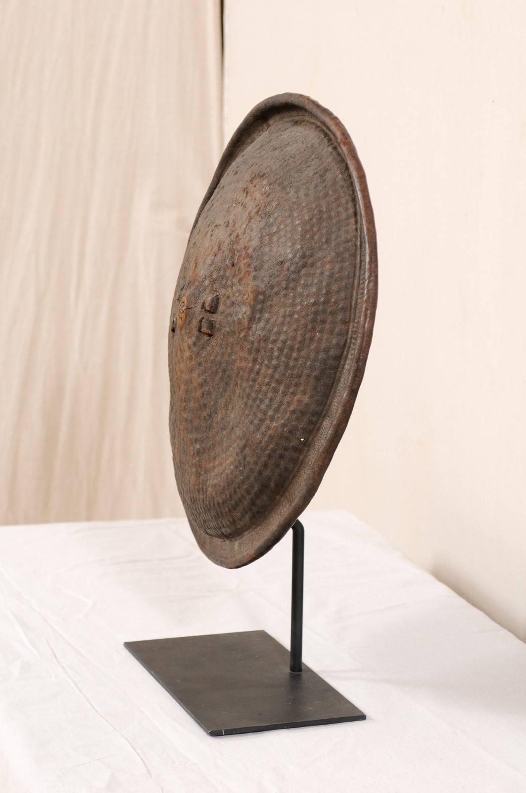 20th Century Ethiopian Round Leather Tribal Shield on Custom Iron Stand