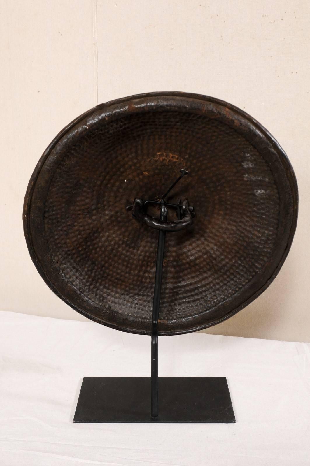 Ethiopian Round Leather Tribal Shield on Custom Iron Stand 1