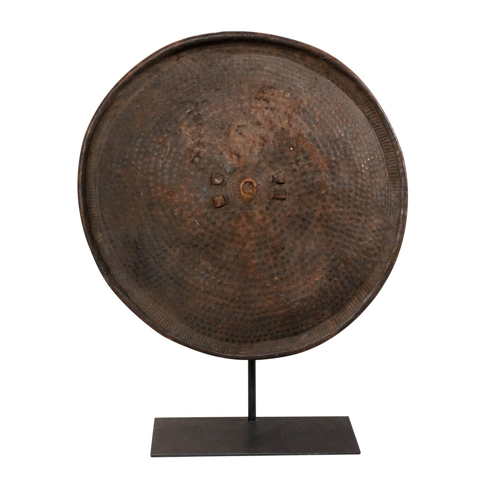 Ethiopian Round Leather Tribal Shield on Custom Iron Stand