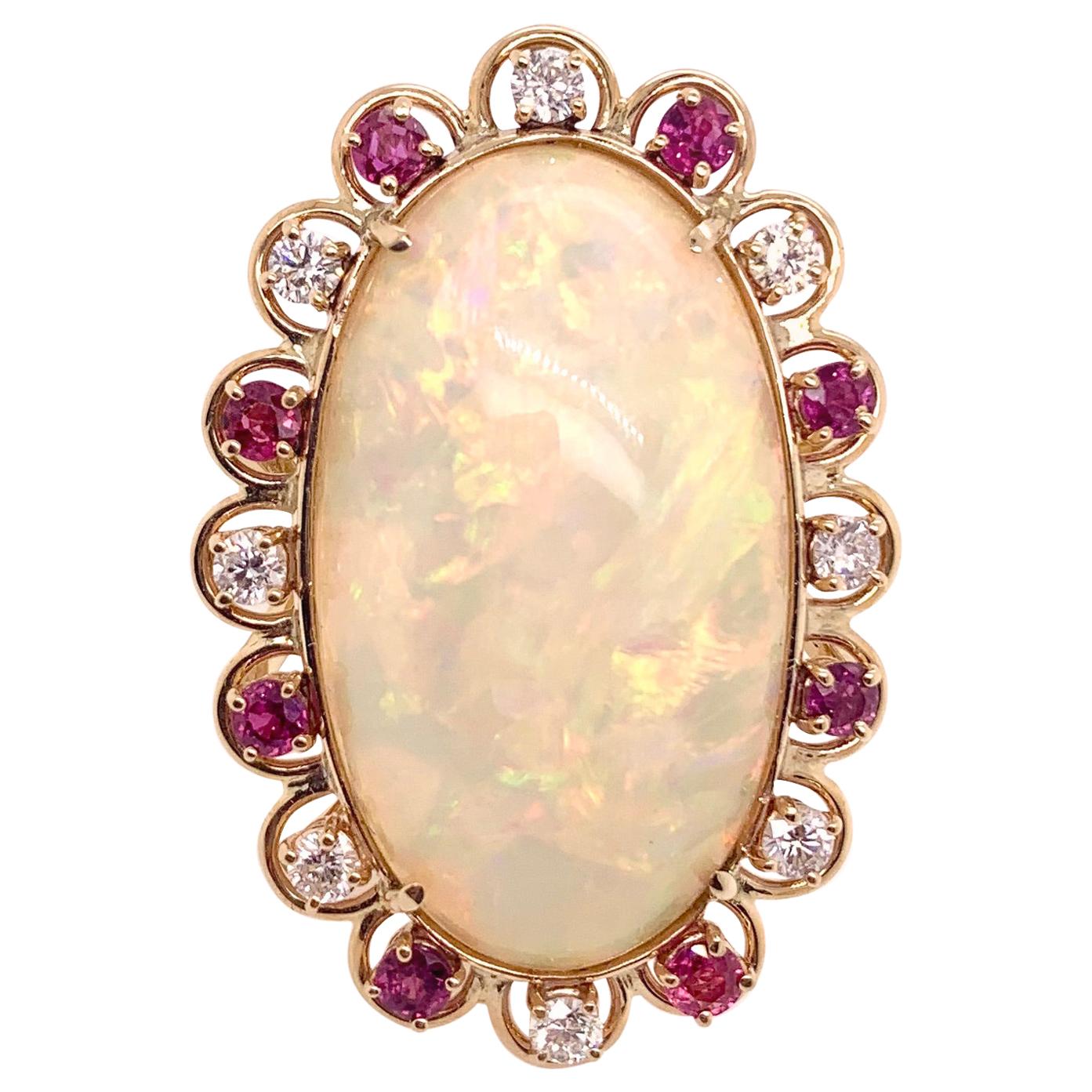 18k Yellow Gold Ethiopian Opal with Ruby and Diamond Cocktail Ring  For Sale