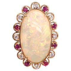 18k Yellow Gold Ethiopian Opal with Ruby and Diamond Cocktail Ring 