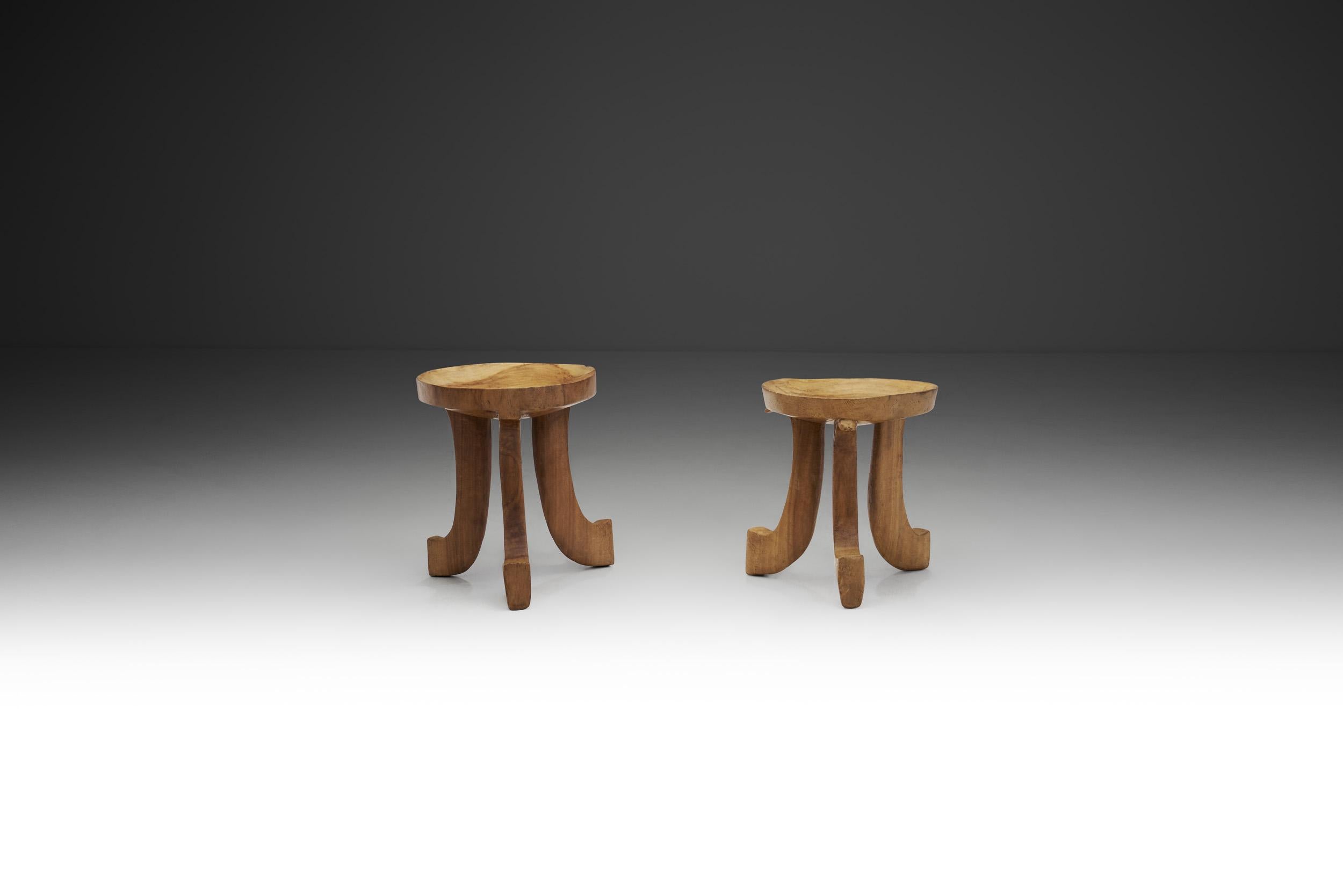 E?thiopian and other African-influenced furniture had been made in Europe from the 1850s, the most famous being Adolf Loos’s “Theban stool” designed around 1903 in the Egyptian revival style. Based on its visual qualities, this pair of hand carved