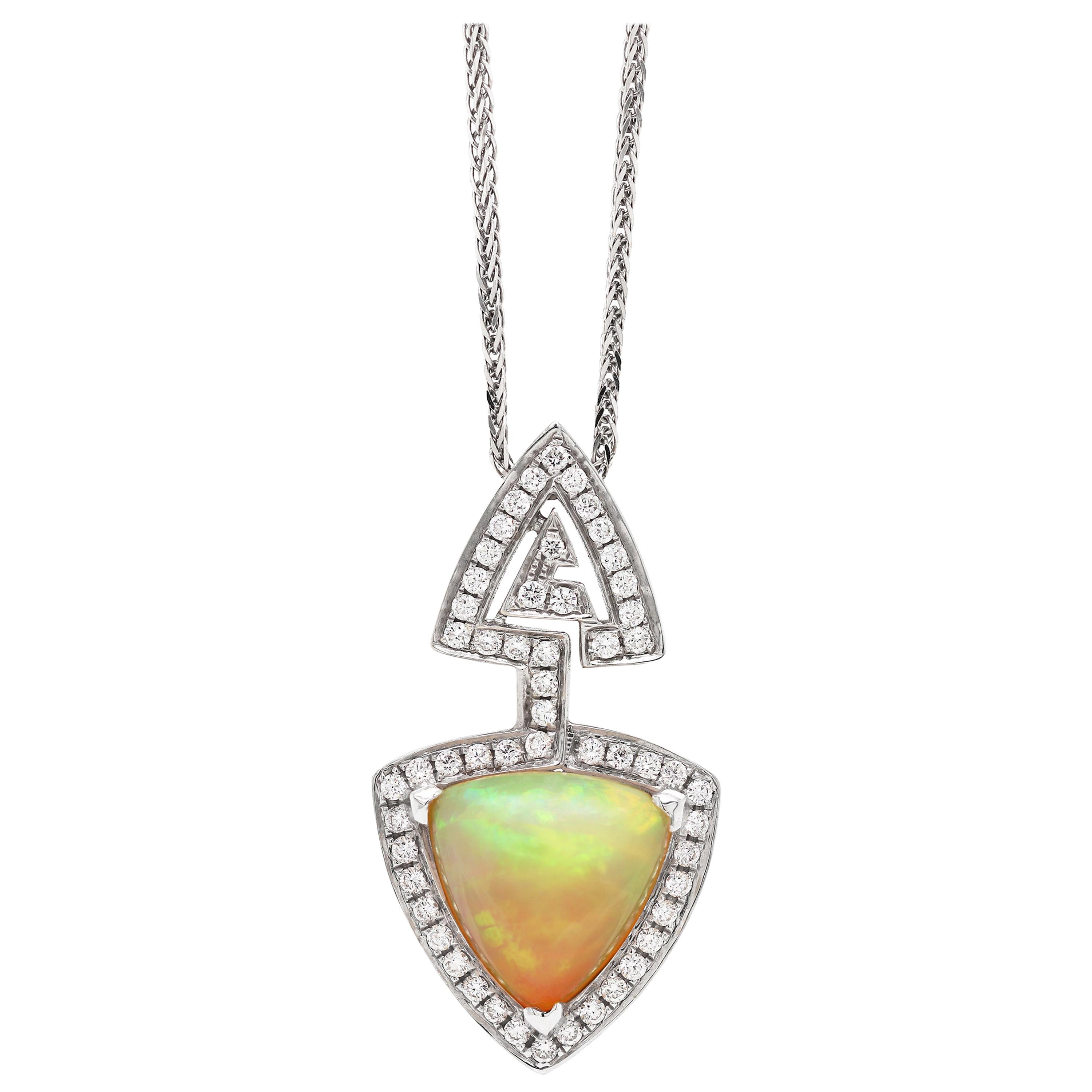 Ethiopian Triangle Cabouchon Opal and Diamond 18 Carat Gold Pendant and Chain For Sale