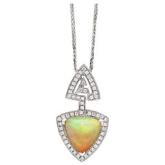 Ethiopian Triangle Cabouchon Opal and Diamond 18 Carat Gold Pendant and Chain
