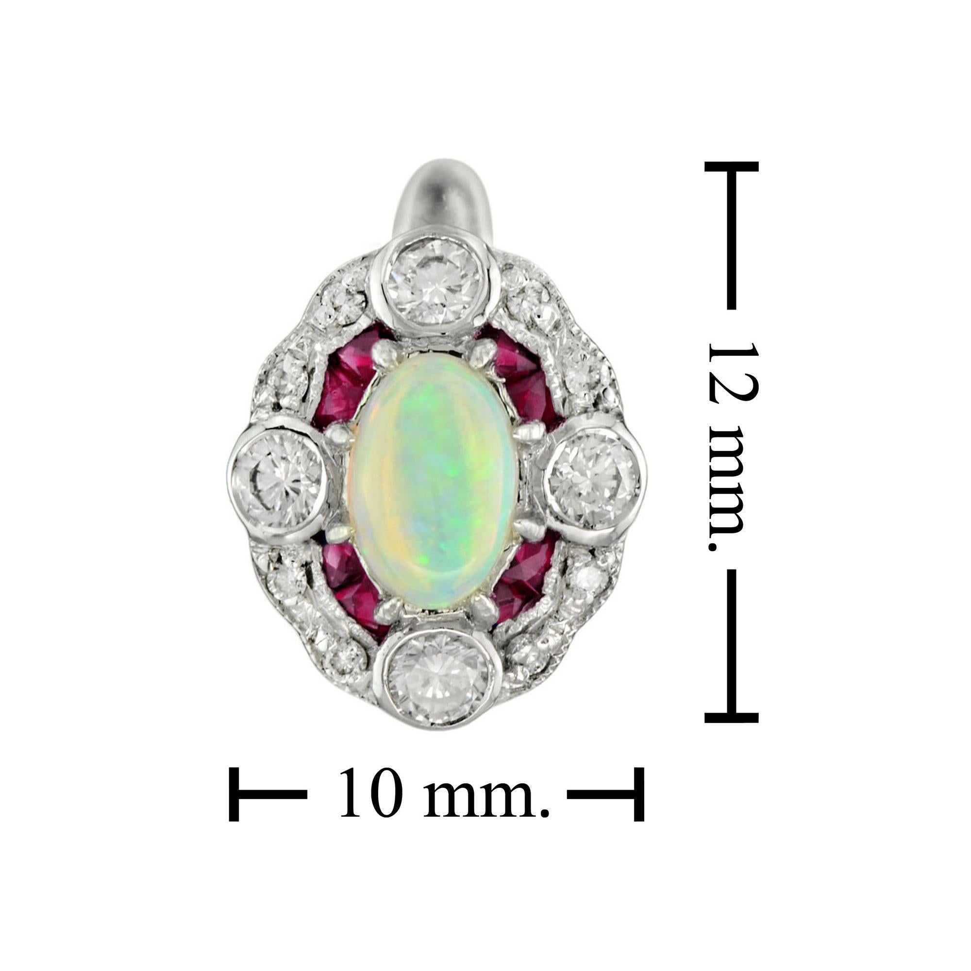 Taille ovale Boucles d'oreilles en or blanc 14 carats Opale blanche éthiopienne Rubis Diamant Style Art Déco en vente