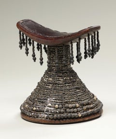 Ethiopian Wood Head Rest With Silver White Metal Beads and Dangles, Africa