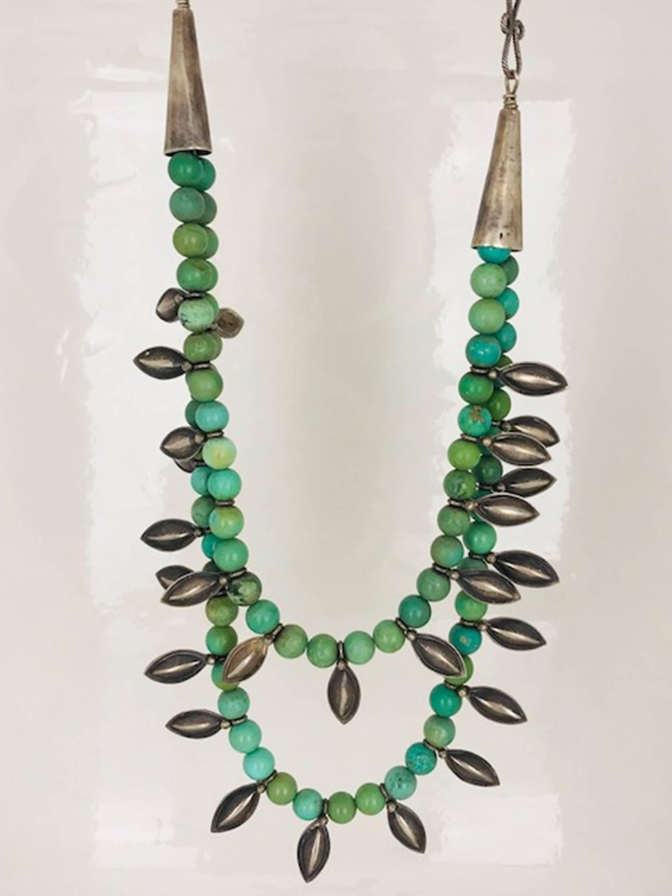 Etruscan Revival Ethiopian, Turquoise Sterling Silver Handmade Tiered Necklace, circa 1960 For Sale