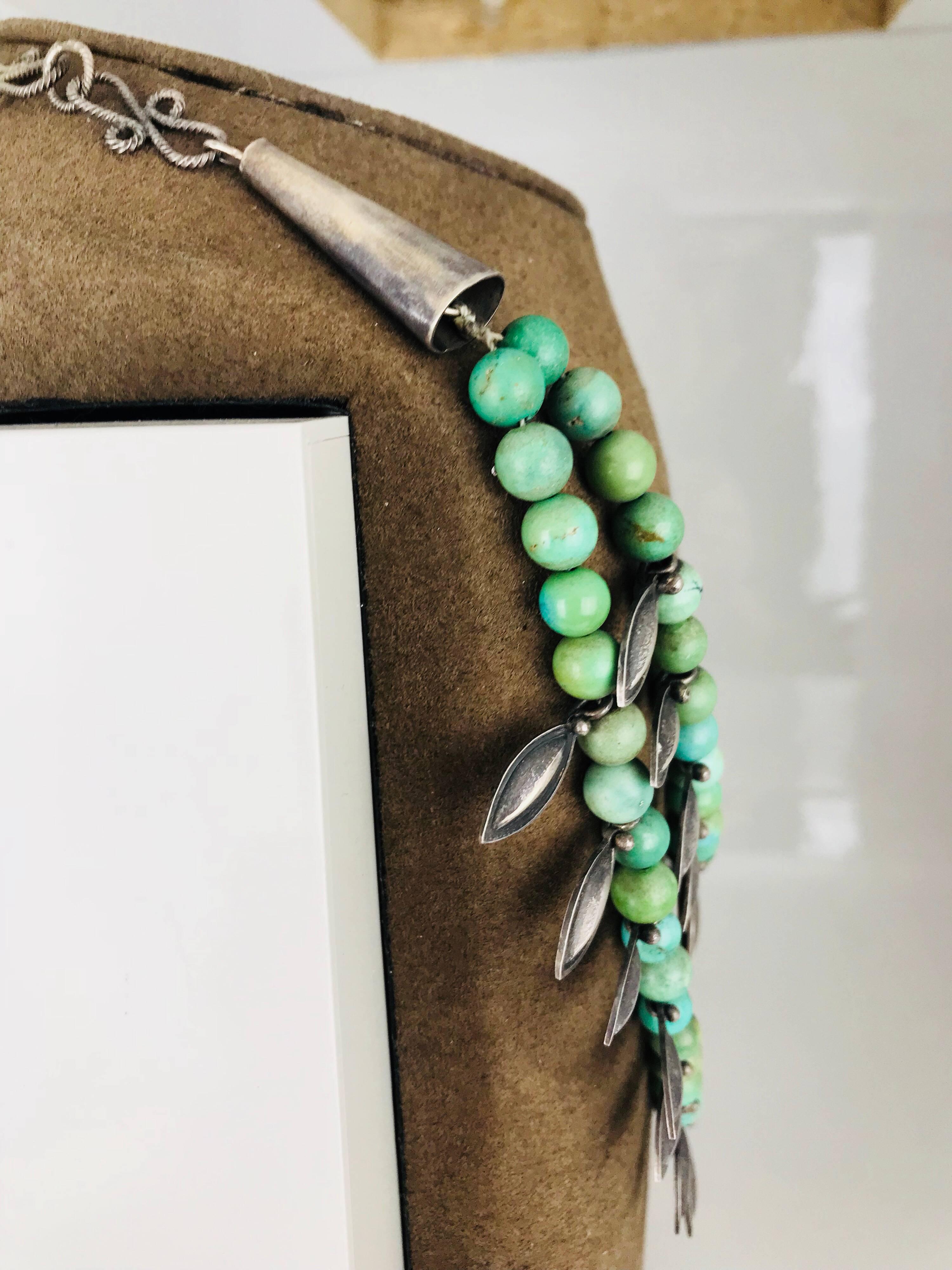 Ethiopian, Turquoise Sterling Silver Handmade Tiered Necklace, circa 1960 In Excellent Condition For Sale In Aliso Viejo, CA