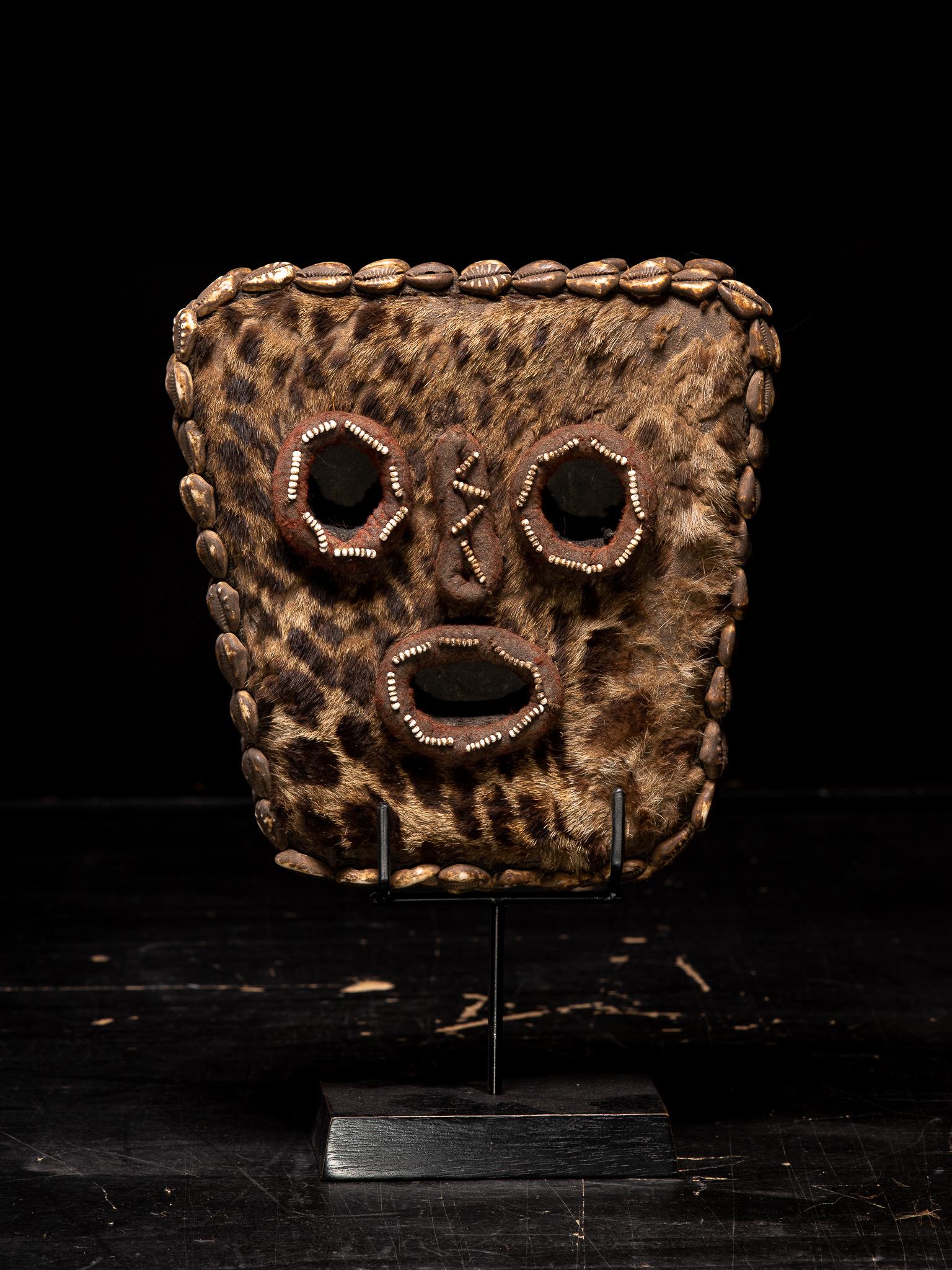 Cimier de danse décorative Bamileke, brodé avec des perles de verre européennes, peuple des prairies, Cameroun. 

Collection S S Bruxelles 

L'attelle en raphia est recouverte de tissu et de perles de verre miniatures colorées de différentes formes