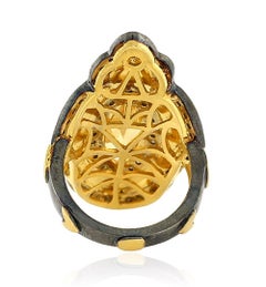 Anello cocktail in oro giallo 18 carati con quarzo limone e anello aureolato con pavé di diamanti