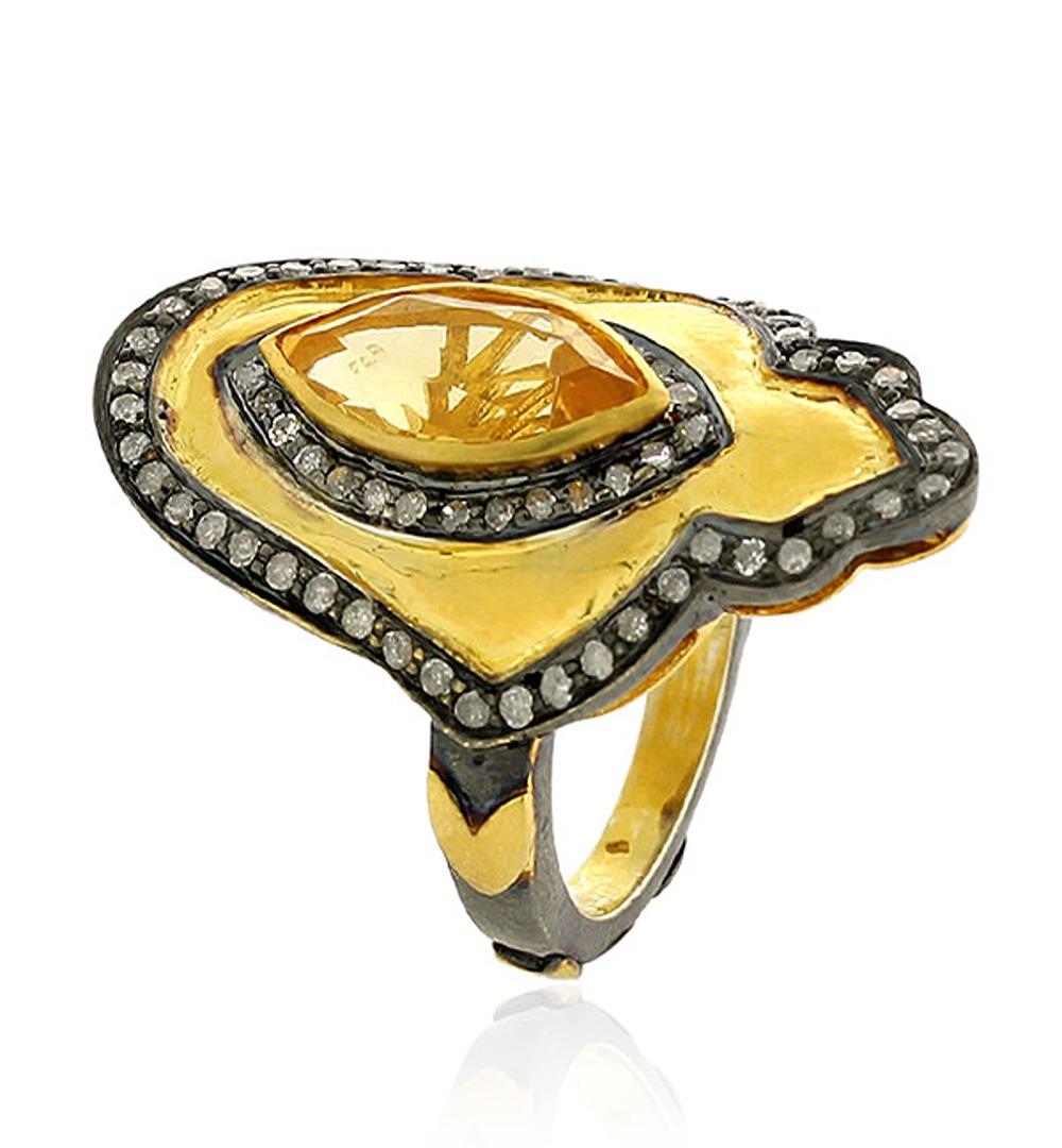 Artisan Ethnic Design Quartz Cocktail Ring With Pave Diamonds In 18k Gold & Silver For Sale
