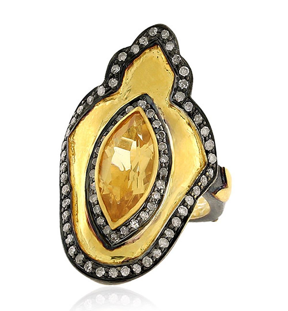 Mixed Cut Ethnic Design Quartz Cocktail Ring With Pave Diamonds In 18k Gold & Silver For Sale