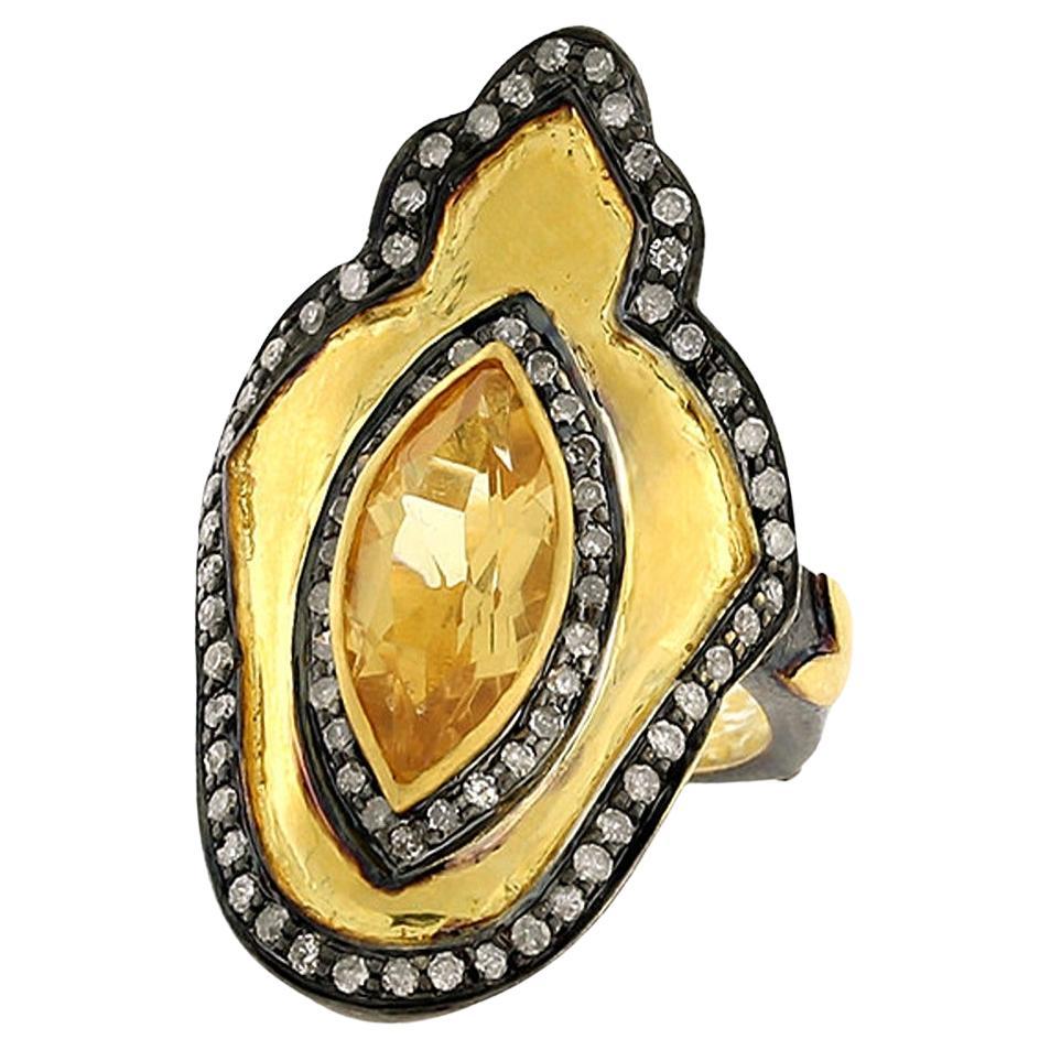 Ethnic Design Quartz Cocktail Ring With Pave Diamonds In 18k Gold & Silver For Sale