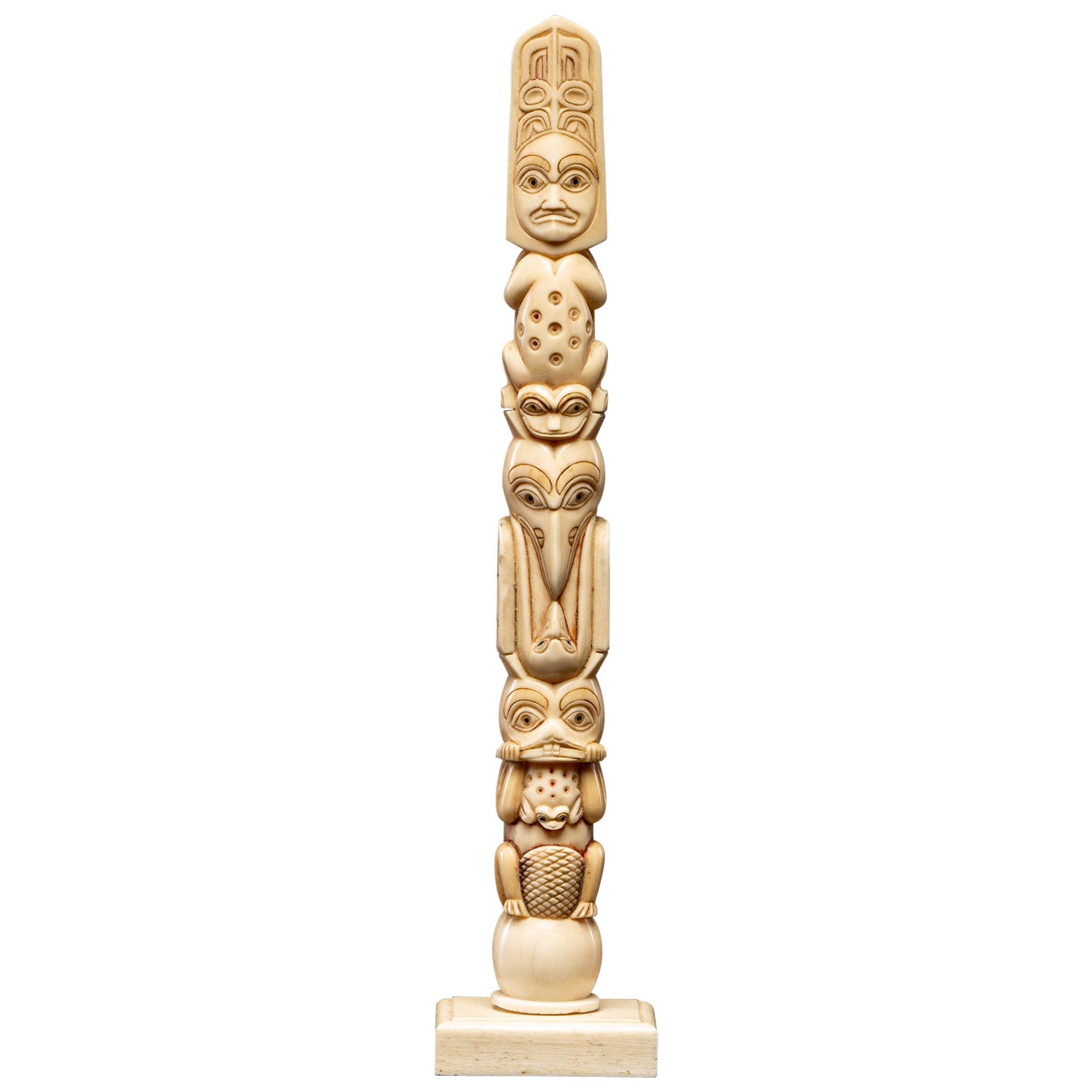Ethnic Design- Vintage Carved Bone Totem Pole, North west Coast People, Alaska For Sale