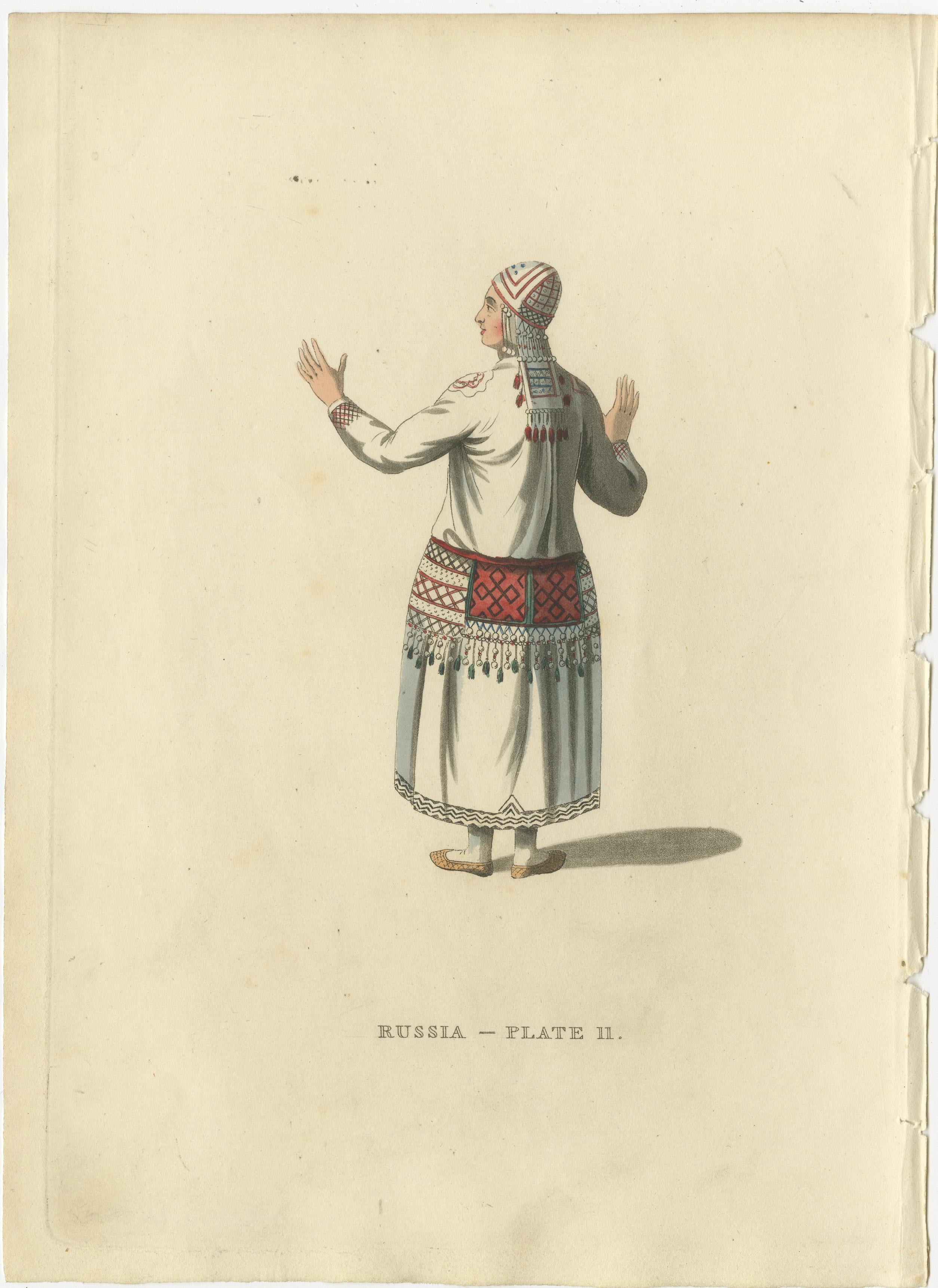 Elegance ethnique : The Mordvin Attire of 19th-Century Russia Gravé, 1814 Bon état - En vente à Langweer, NL