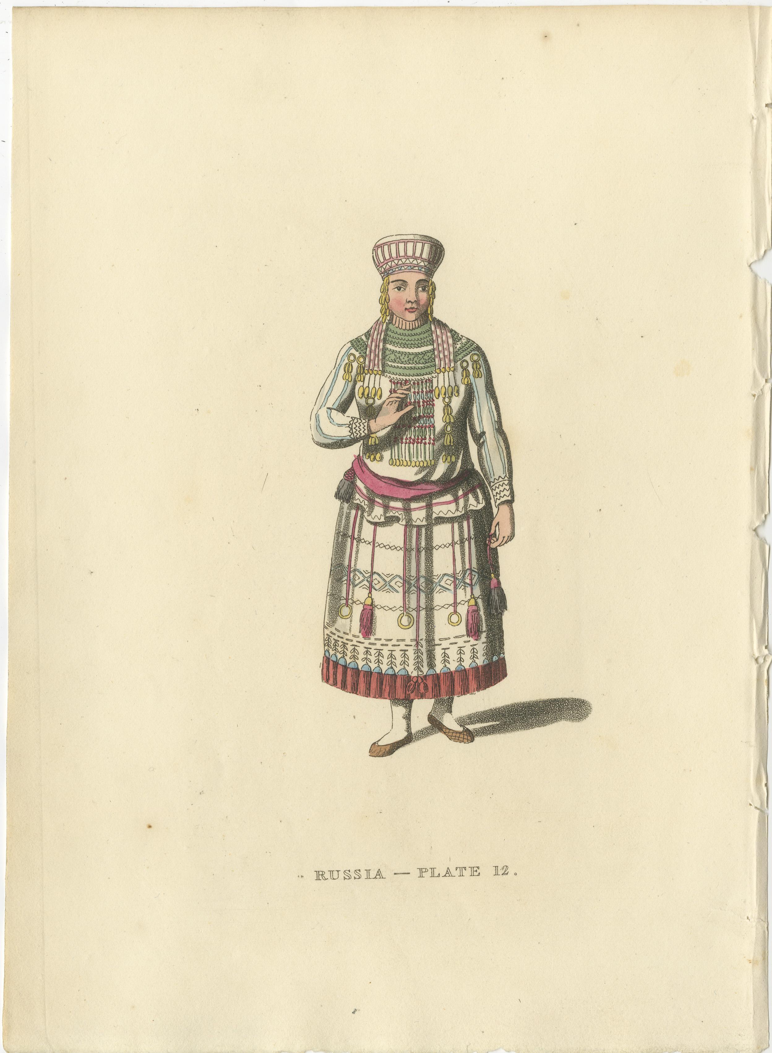 Early 19th Century Ethnic Elegance: The Mordvin Attire of 19th-Century Russia Engraved, 1814 For Sale