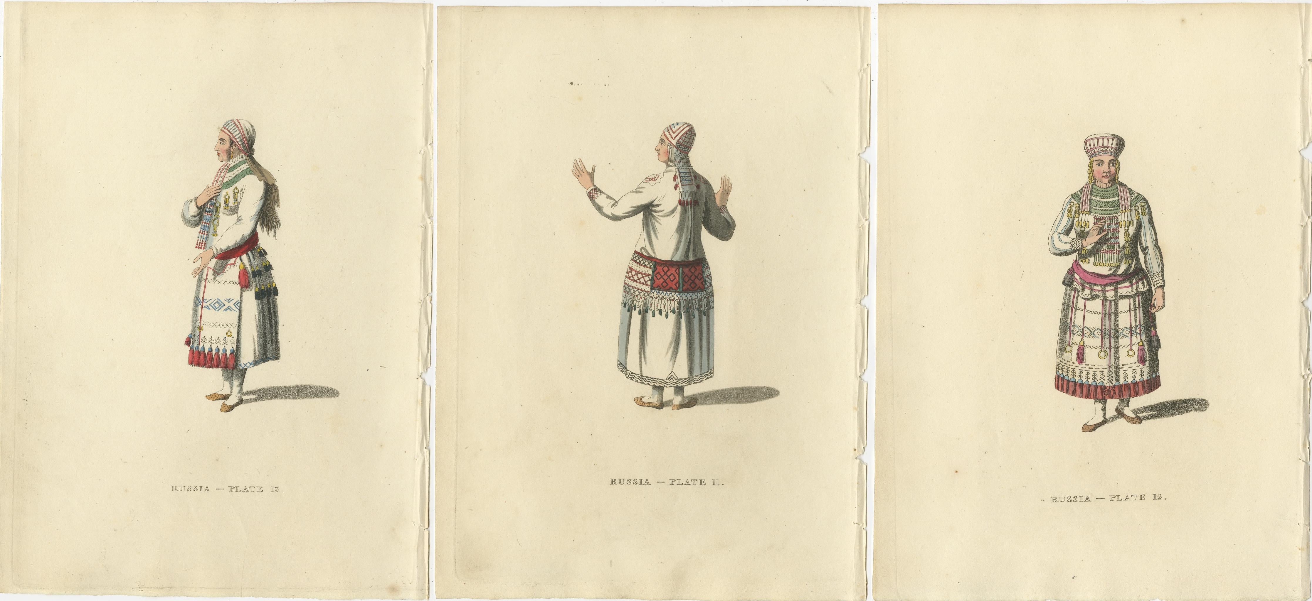 Paper Ethnic Elegance: The Mordvin Attire of 19th-Century Russia Engraved, 1814 For Sale