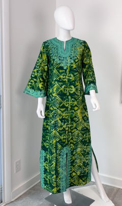 Ethnic Green Print with Embroidery Moroccan Cotton Maxi Dress Size 8/10, 1970s