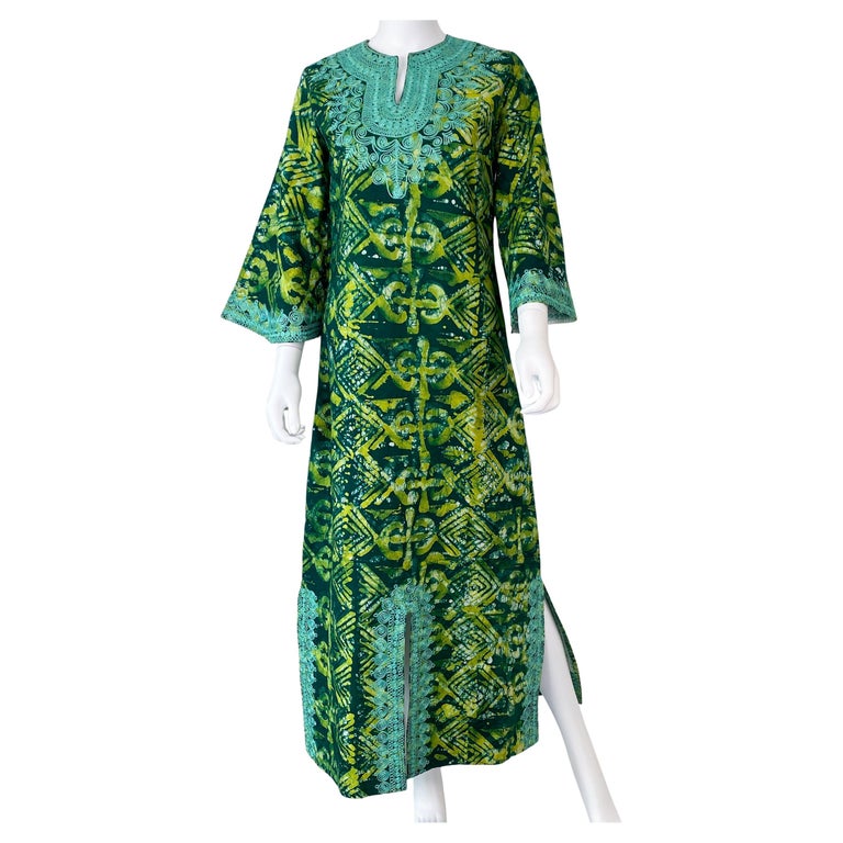 Ethnic Green Print with Embroidery Moroccan Cotton Maxi Dress Size 8/10, 1970s