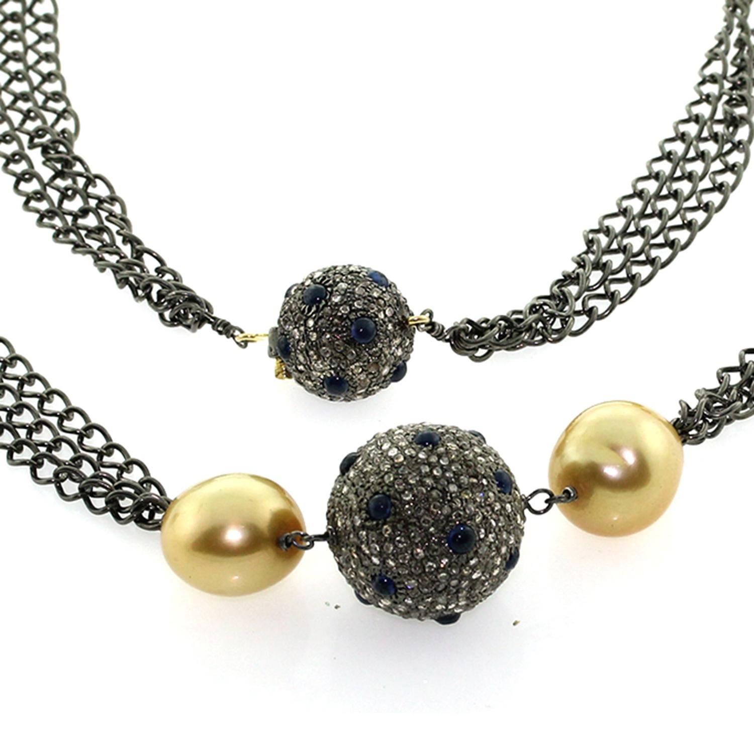 Art Nouveau Ethnic looking Pave Diamond & South Sea Bead Chain Necklace For Sale