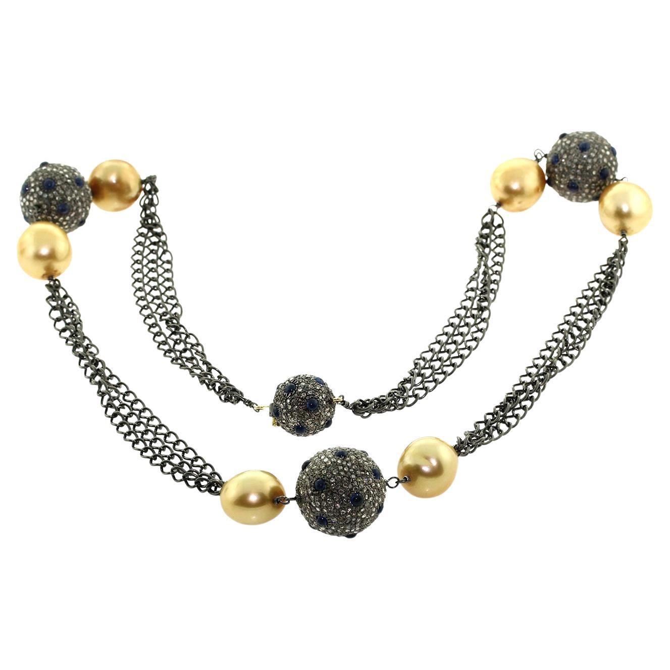 Ethnic looking Pave Diamond & South Sea Bead Chain Necklace For Sale