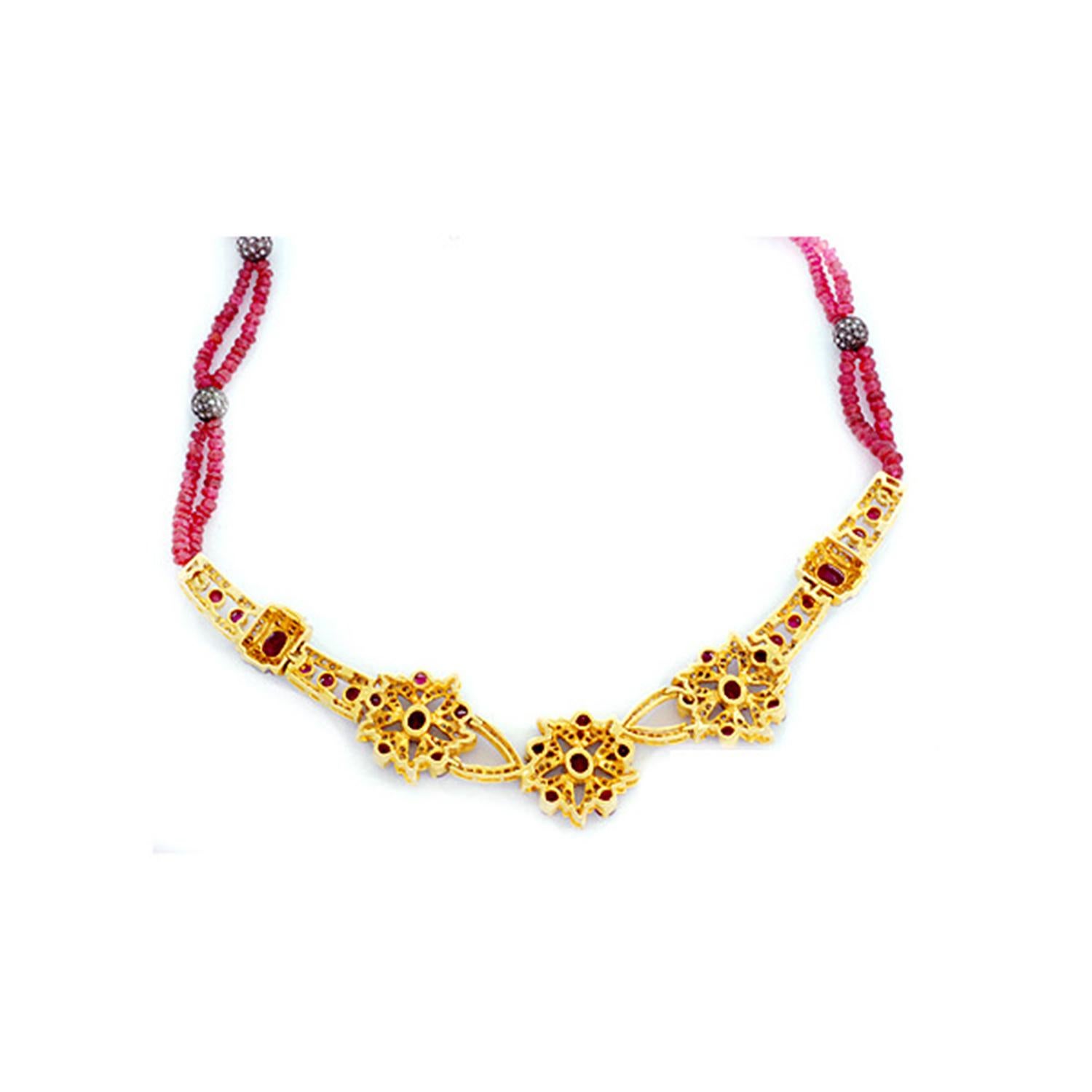 Art Deco Ethnic Looking Ruby Beaded Necklace With Diamonds Made In 18k Yellow Gold For Sale