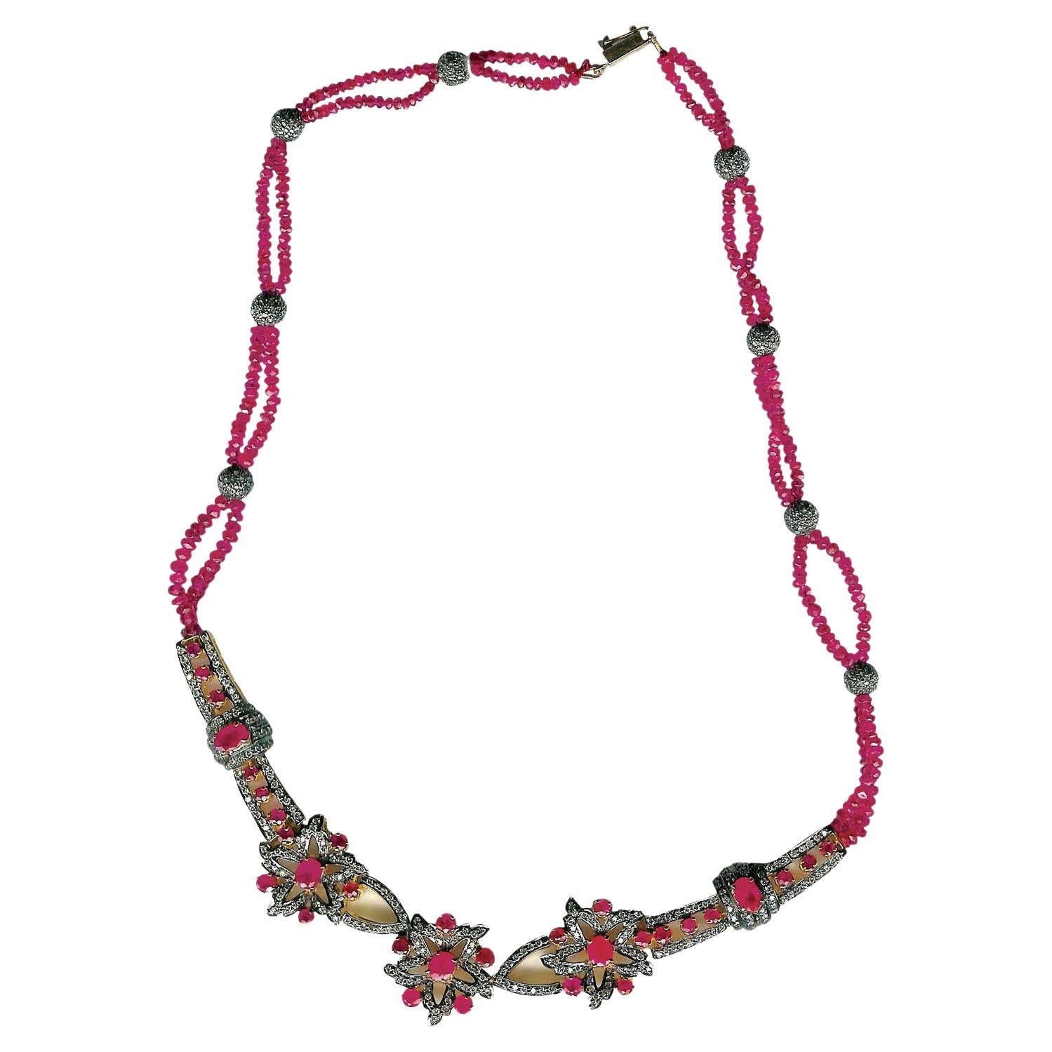Ethnic Looking Ruby Beaded Necklace With Diamonds Made In 18k Yellow Gold For Sale