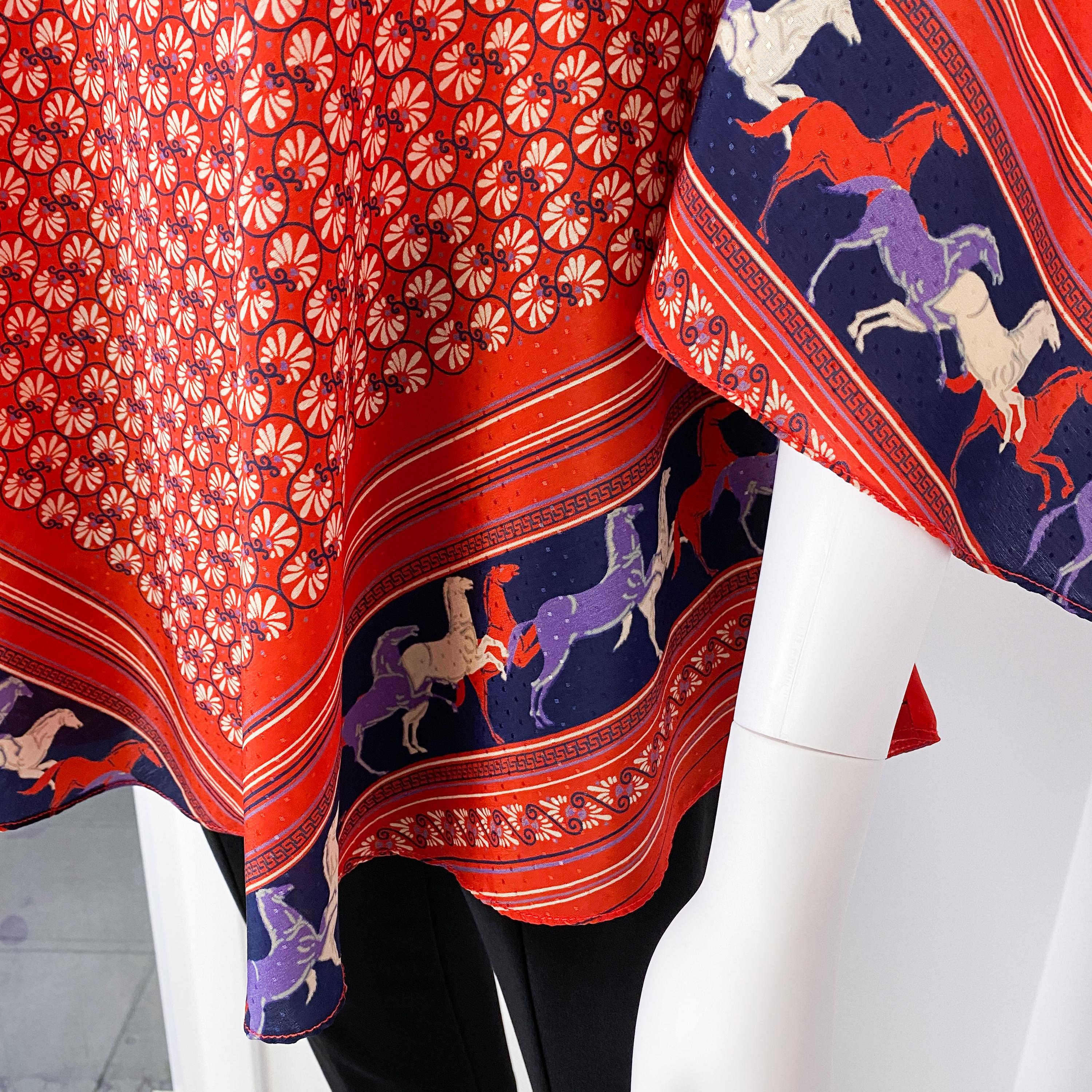 Ethnic Satin Viscose Red, Blue Blouse Top with Bandana Scarf Size 8/10, 1970s For Sale 6
