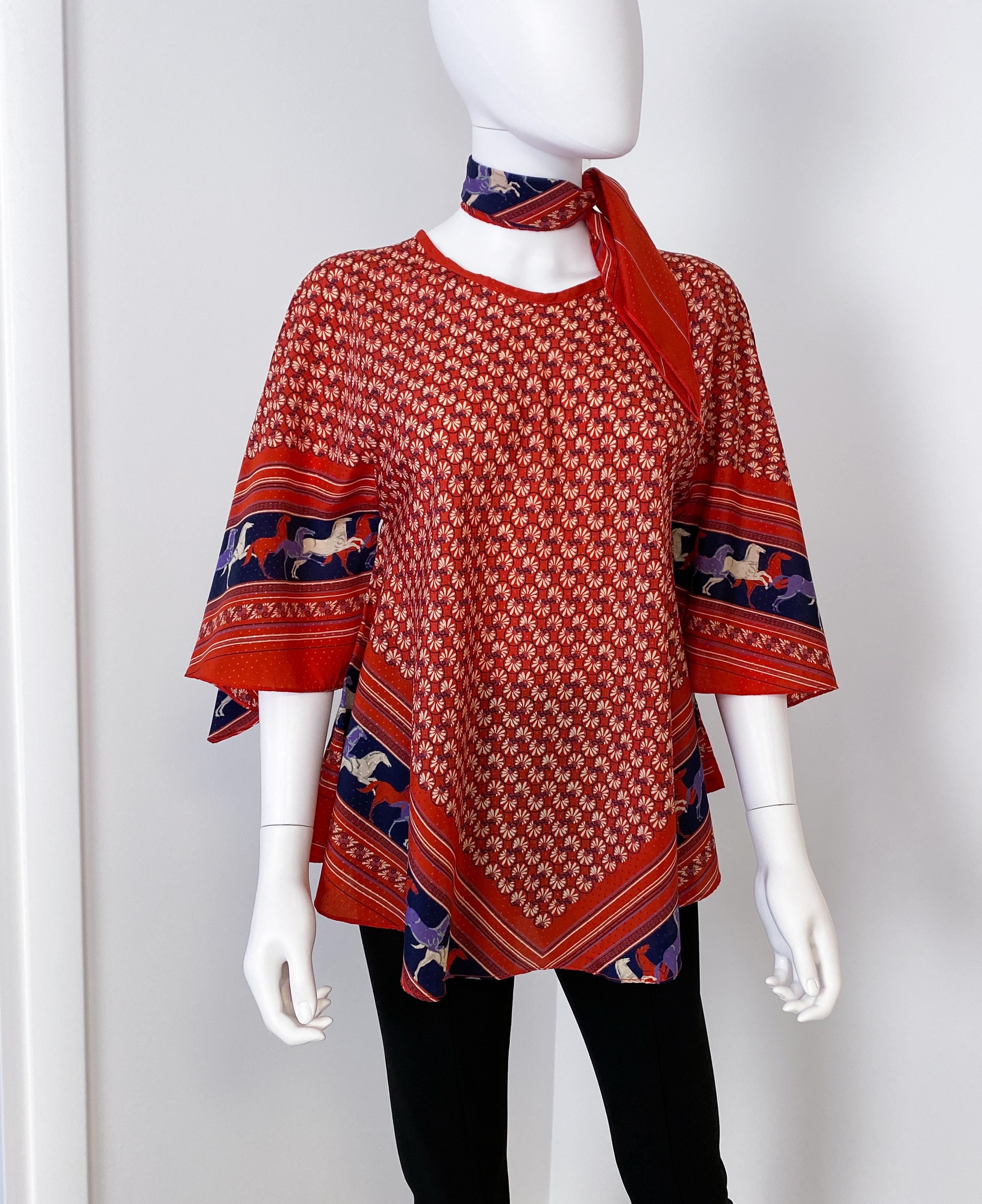 Ethnic Satin Viscose Red, Blue Blouse Top with Bandana Scarf Size 8/10, 1970s For Sale 7