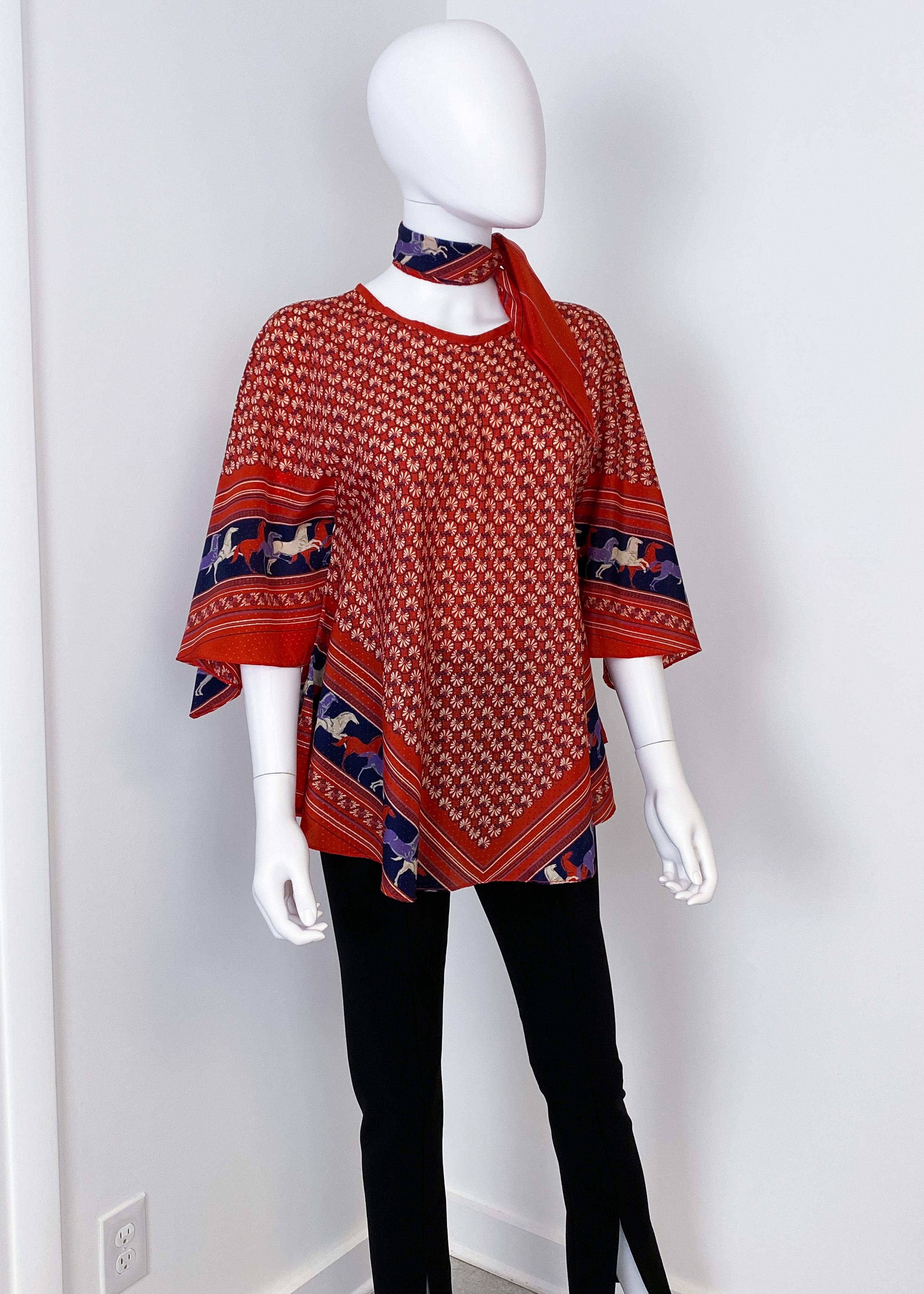 Ethnic Satin Viscose Red, Blue Blouse Top with Bandana Scarf Size 8/10, 1970s For Sale 8