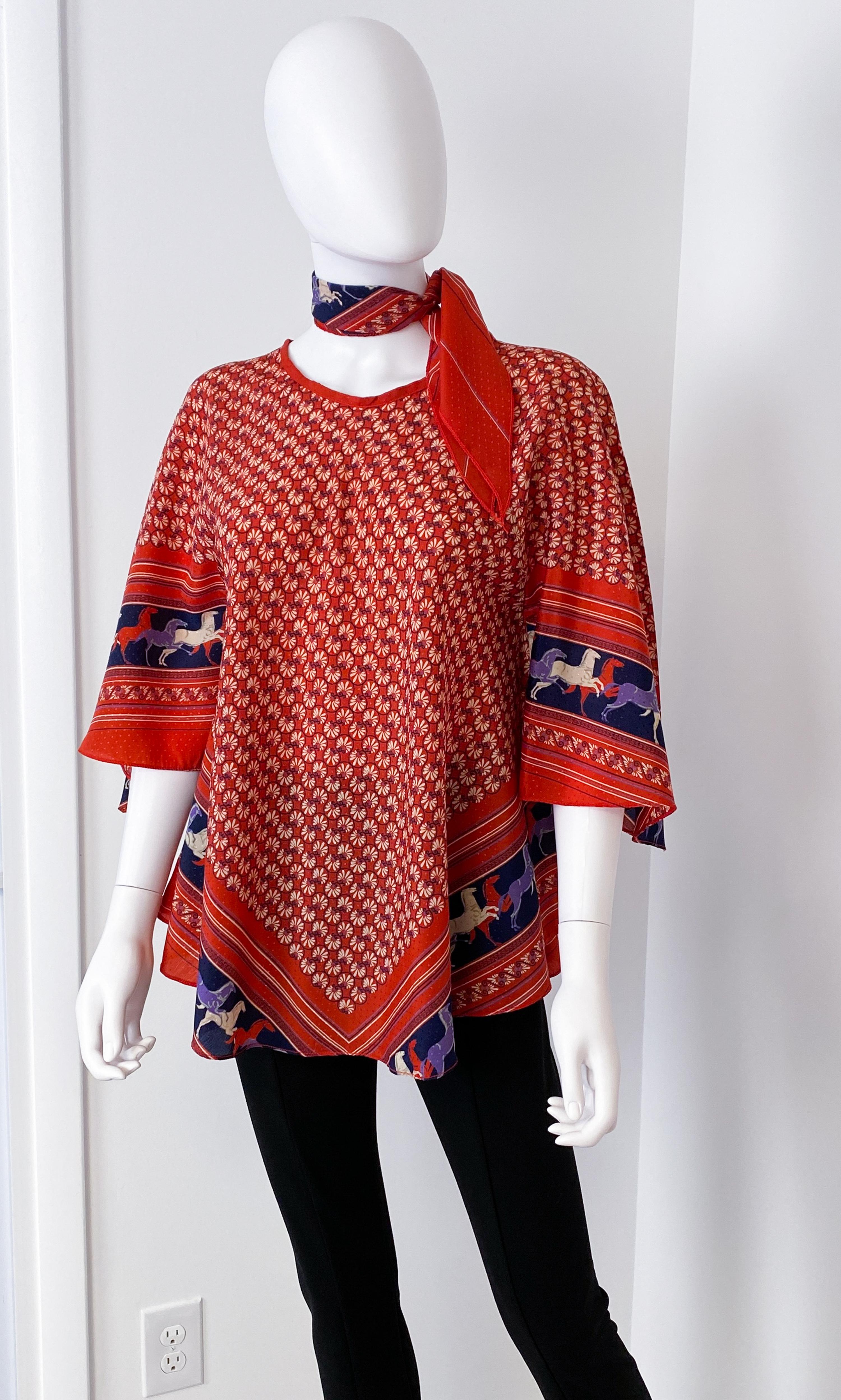 Ethnic Satin Viscose Red, Blue Blouse Top with Bandana Scarf Size 8/10, 1970s For Sale 9