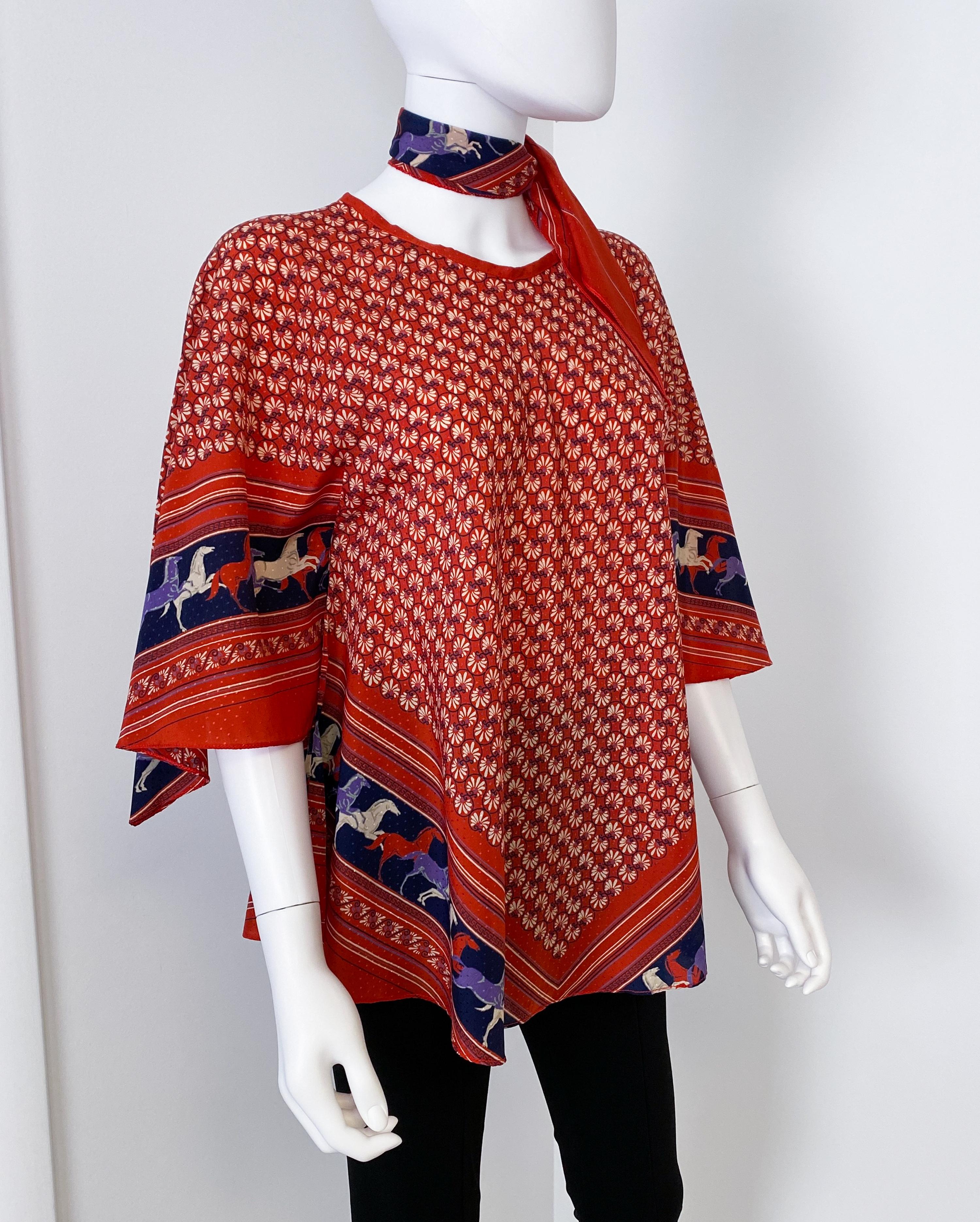 Ethnic Satin Viscose Red, Blue Blouse Top with Bandana Scarf Size 8/10, 1970s For Sale 10