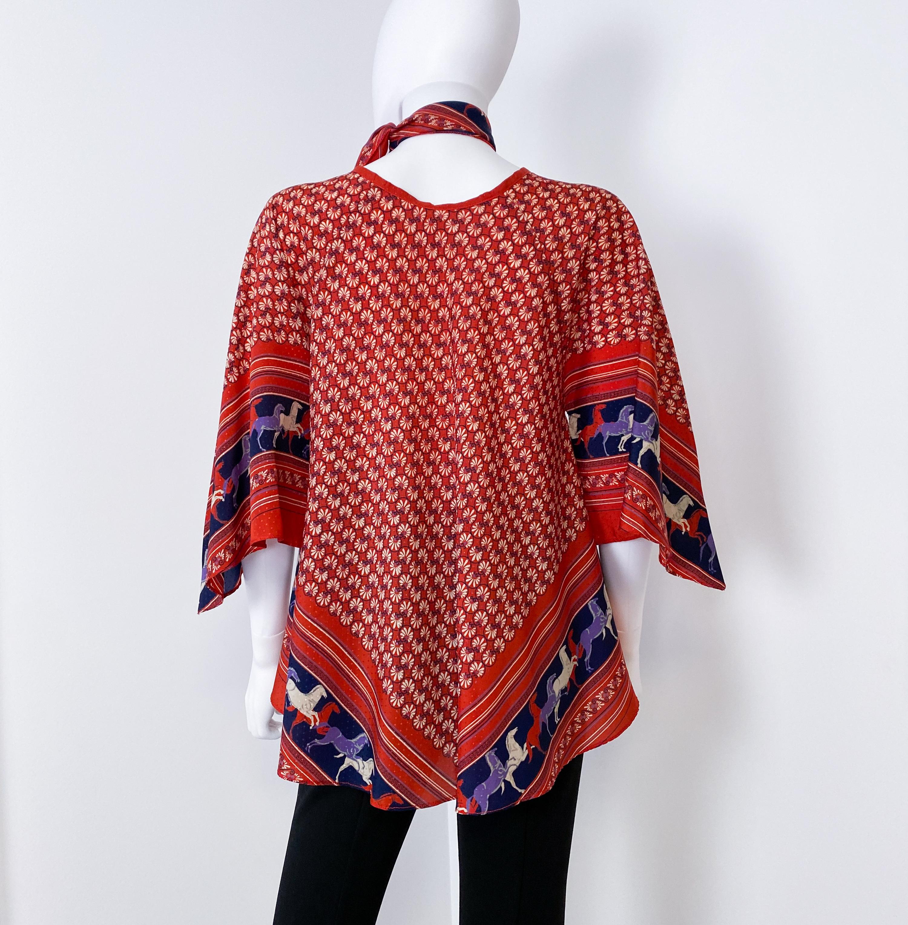 Ethnic Satin Viscose Red, Blue Blouse Top with Bandana Scarf Size 8/10, 1970s For Sale 11