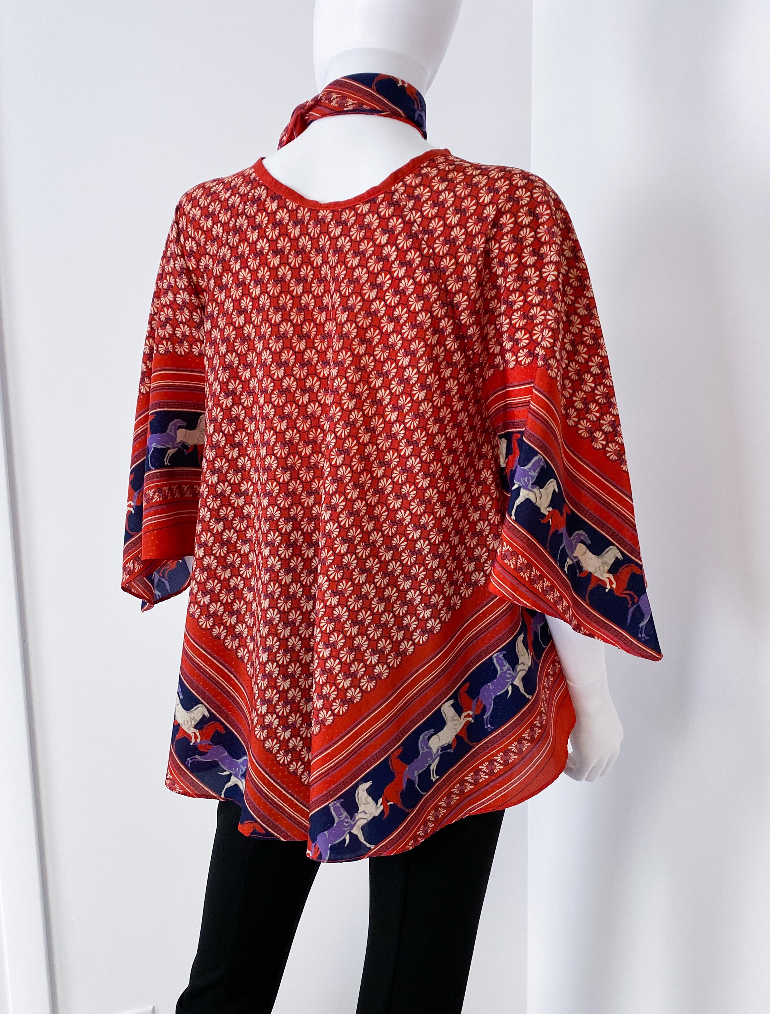 Ethnic Satin Viscose Red, Blue Blouse Top with Bandana Scarf Size 8/10, 1970s For Sale 12