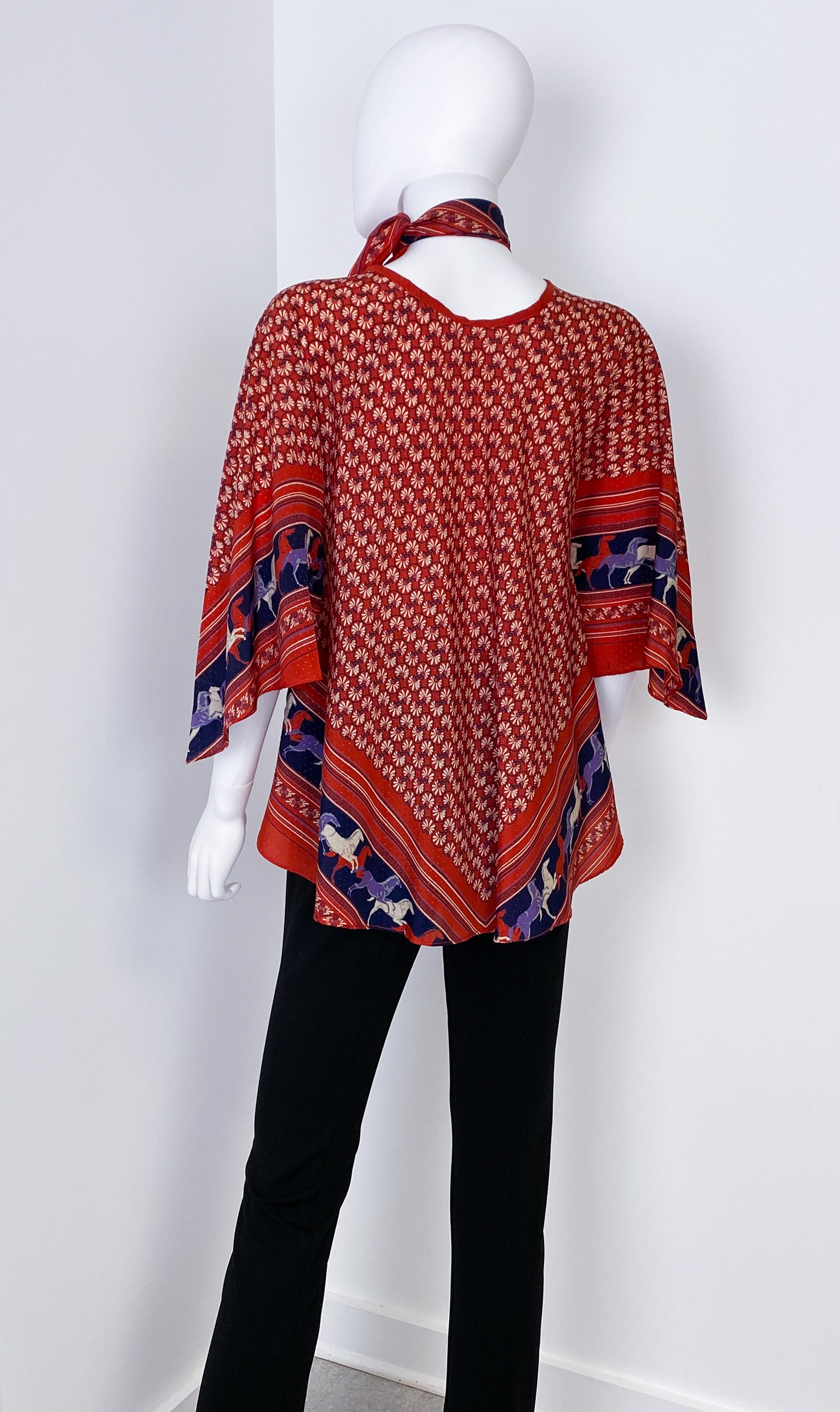 Ethnic Satin Viscose Red, Blue Blouse Top with Bandana Scarf Size 8/10, 1970s For Sale 13