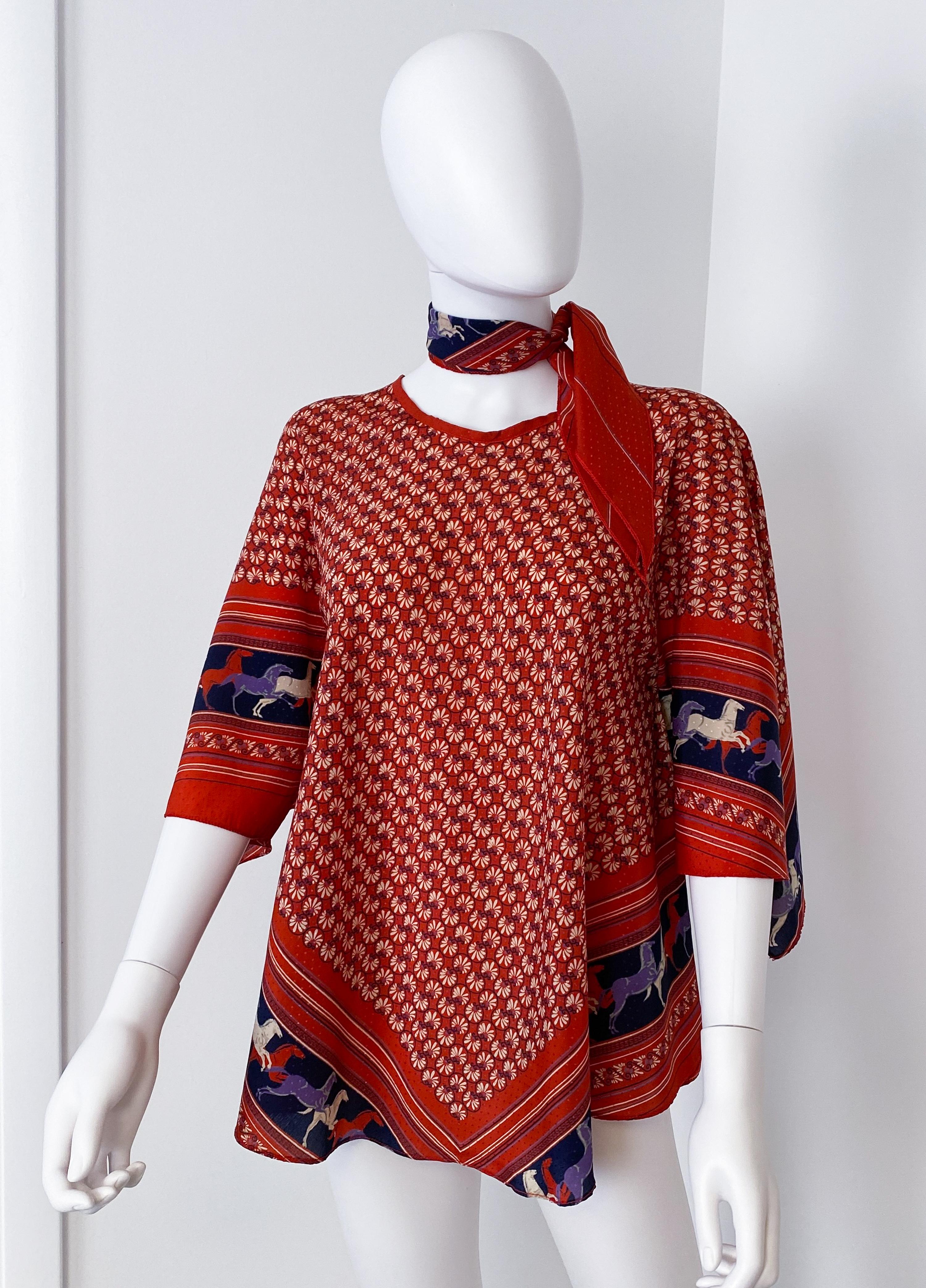 Ethnic Satin Viscose Red, Blue Blouse Top with Bandana Scarf Size 8/10, 1970s In Excellent Condition For Sale In Atlanta, GA