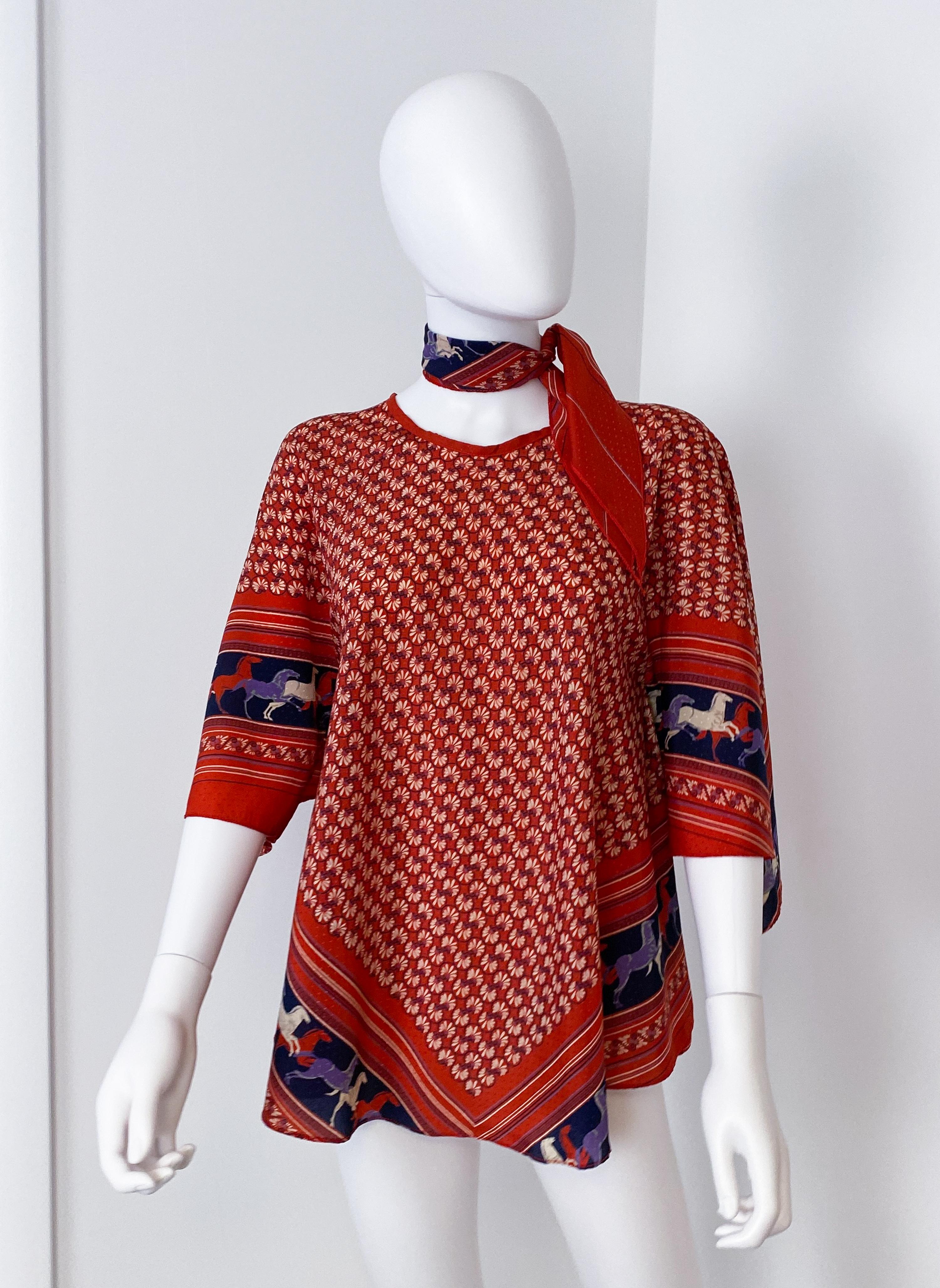 Women's Ethnic Satin Viscose Red, Blue Blouse Top with Bandana Scarf Size 8/10, 1970s For Sale