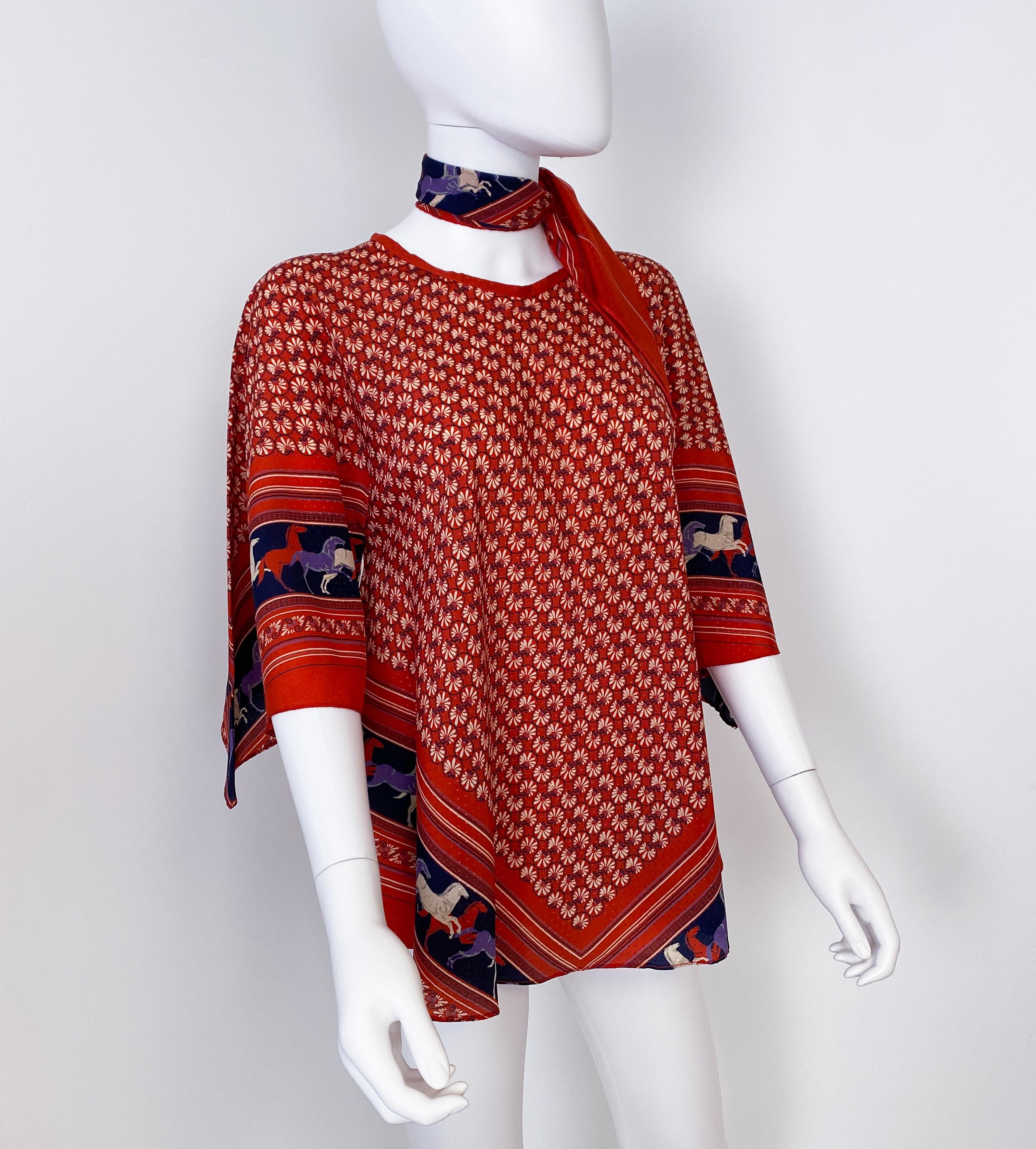 Ethnic Satin Viscose Red, Blue Blouse Top with Bandana Scarf Size 8/10, 1970s For Sale 1