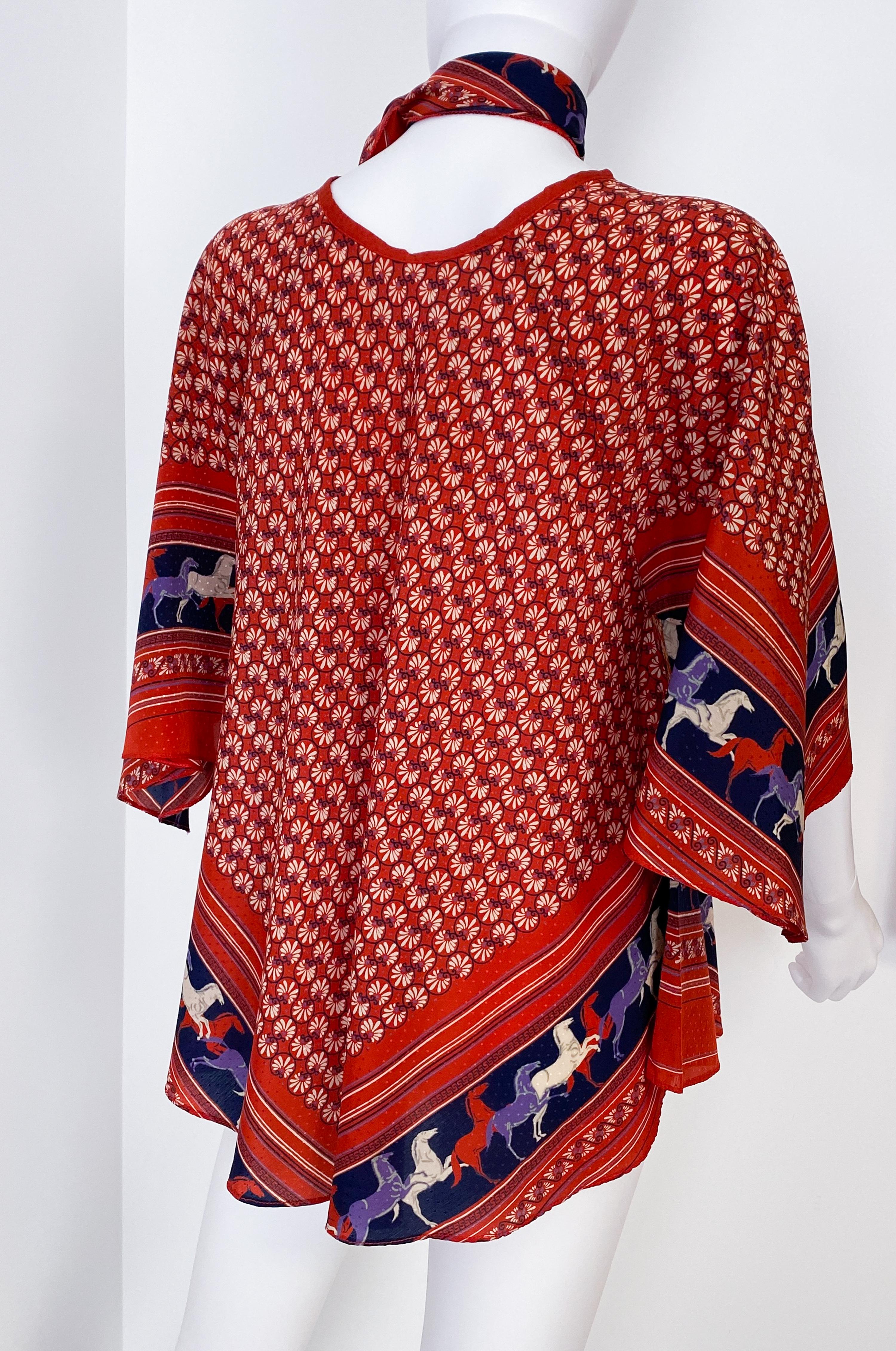 Ethnic Satin Viscose Red, Blue Blouse Top with Bandana Scarf Size 8/10, 1970s For Sale 2