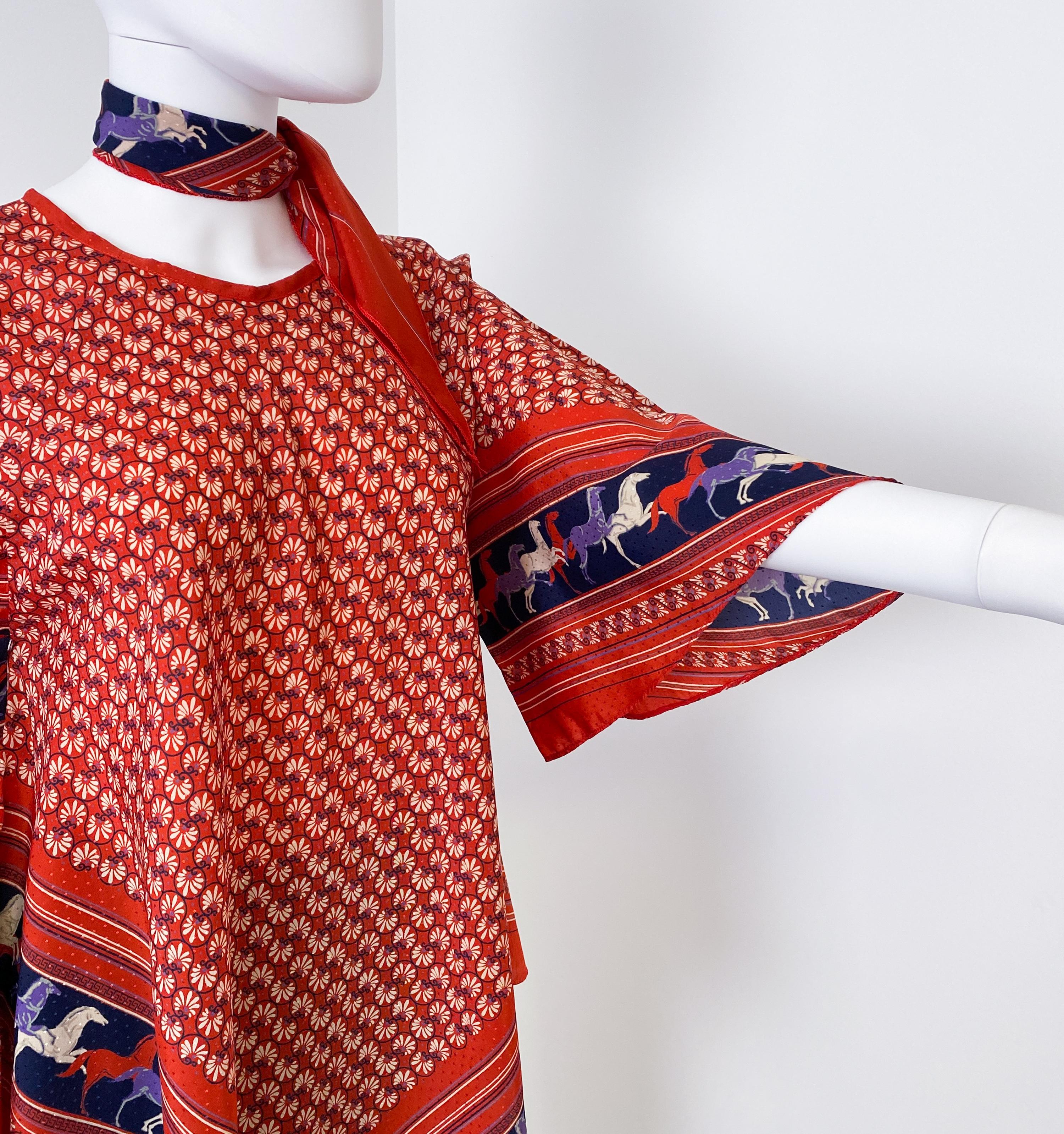 Ethnic Satin Viscose Red, Blue Blouse Top with Bandana Scarf Size 8/10, 1970s For Sale 3
