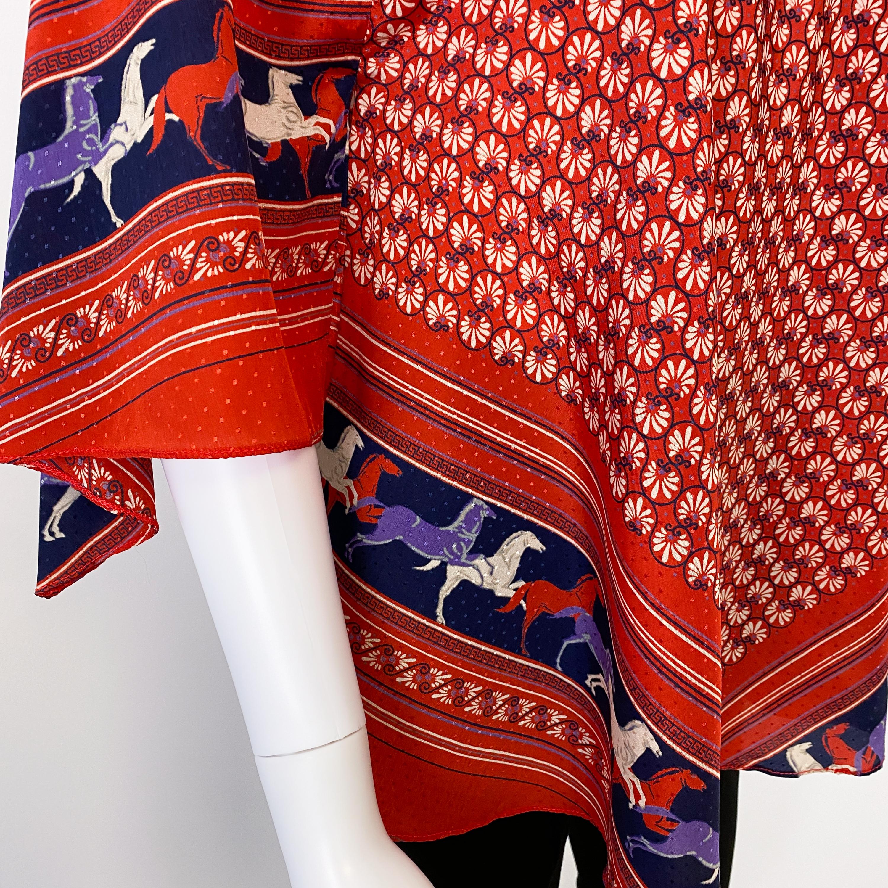 Ethnic Satin Viscose Red, Blue Blouse Top with Bandana Scarf Size 8/10, 1970s For Sale 4