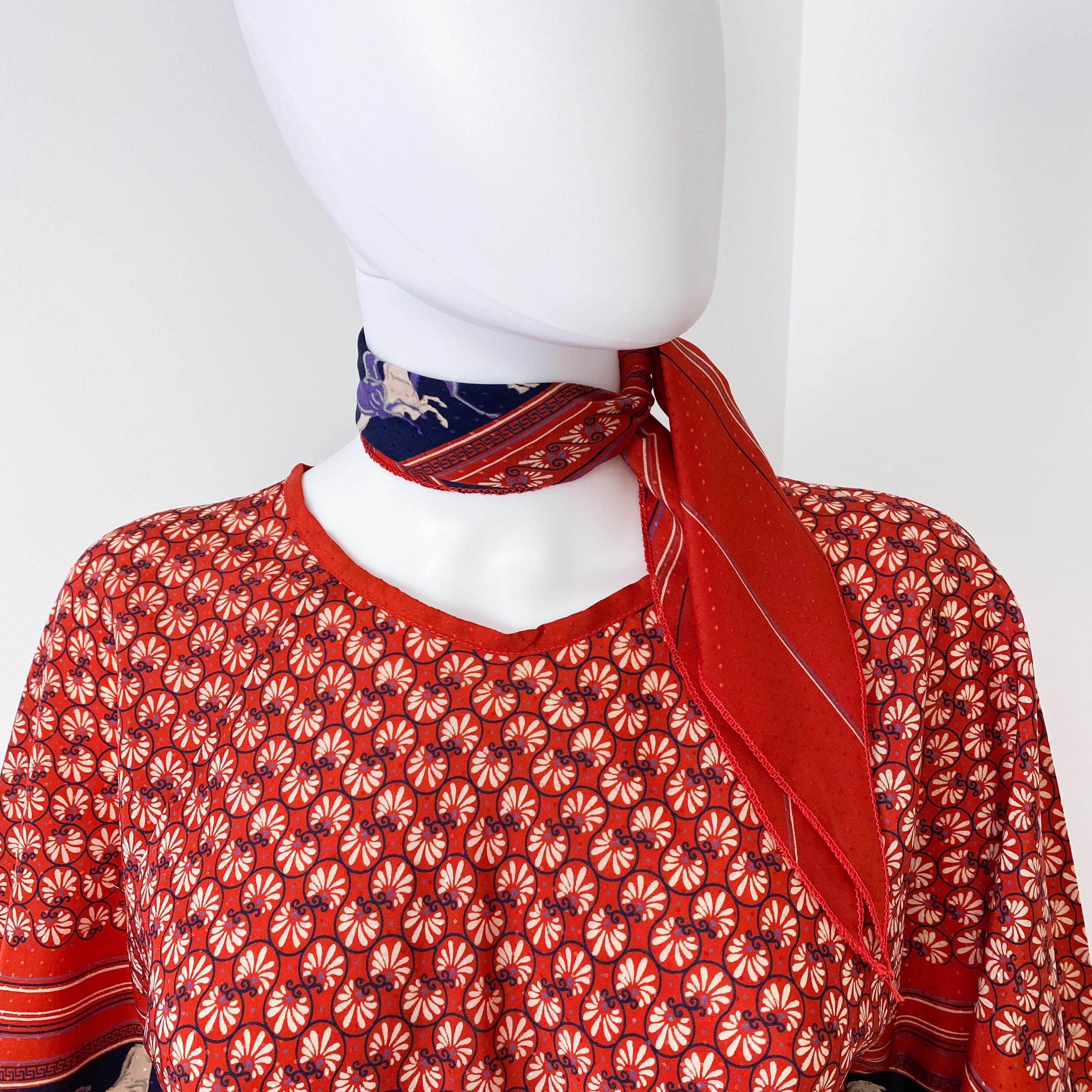 Ethnic Satin Viscose Red, Blue Blouse Top with Bandana Scarf Size 8/10, 1970s For Sale 5