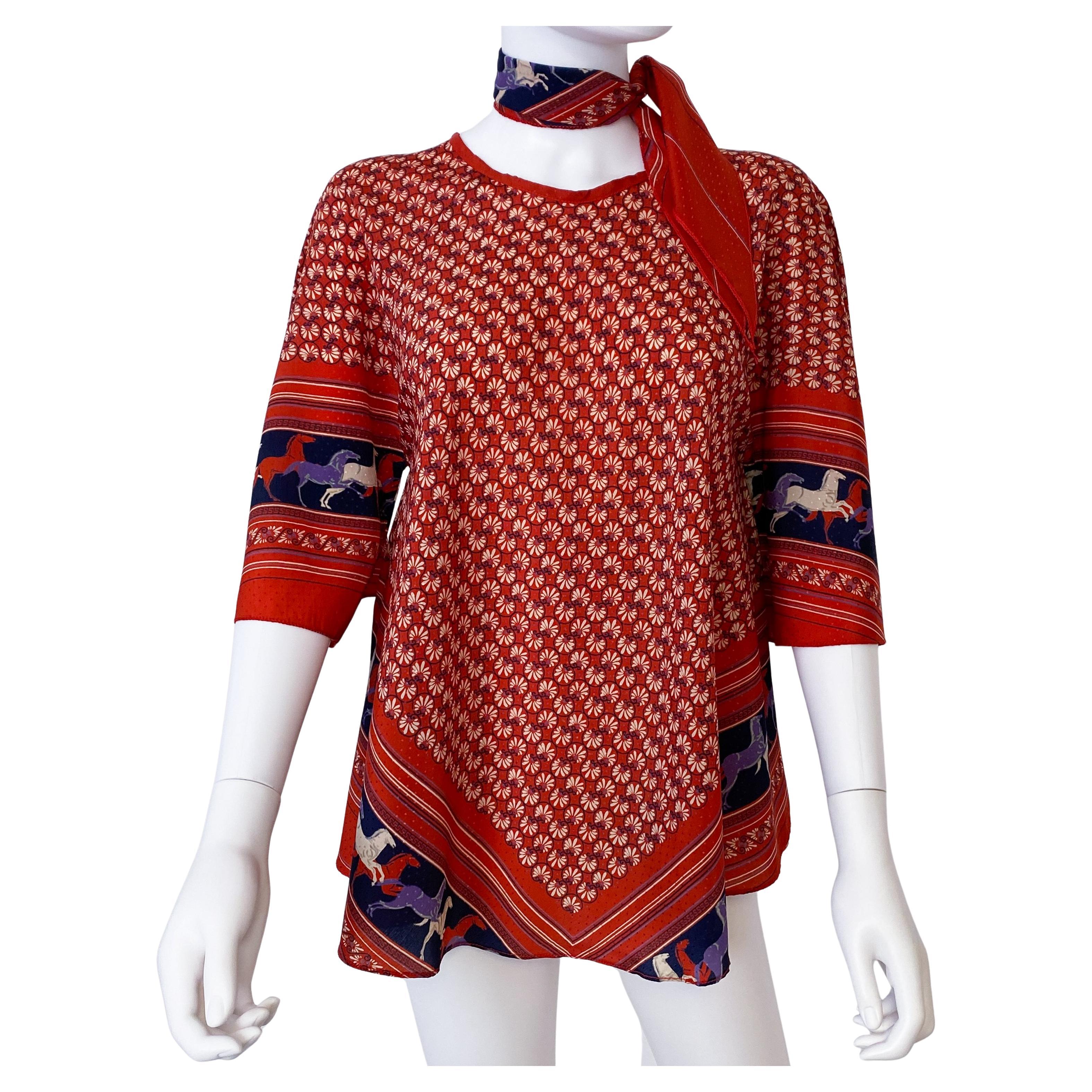 Ethnic Satin Viscose Red, Blue Blouse Top with Bandana Scarf Size 8/10, 1970s For Sale