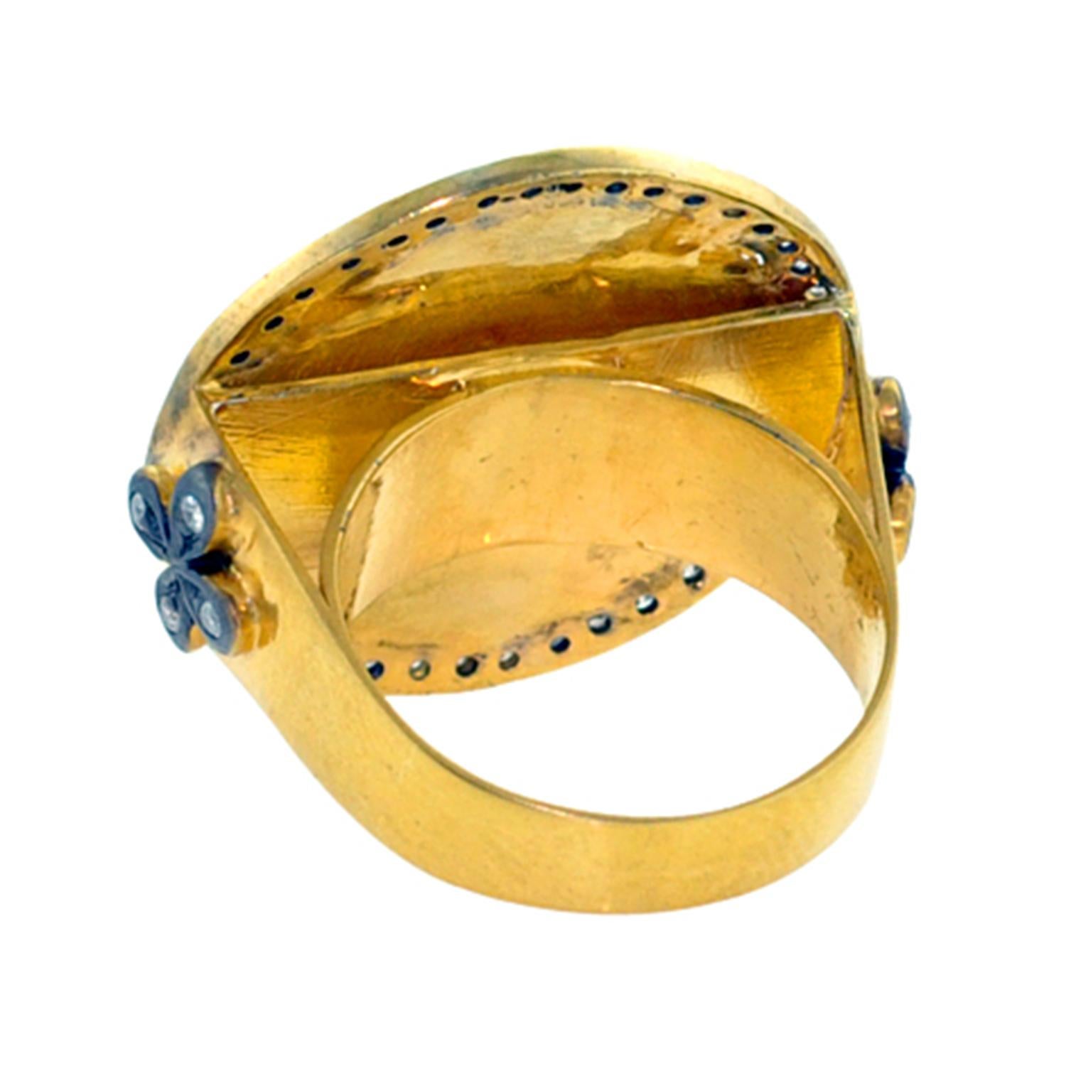 Modern Ethnic Style Cocktail Ring with Pave Diamonds Made in 14k Gold For Sale
